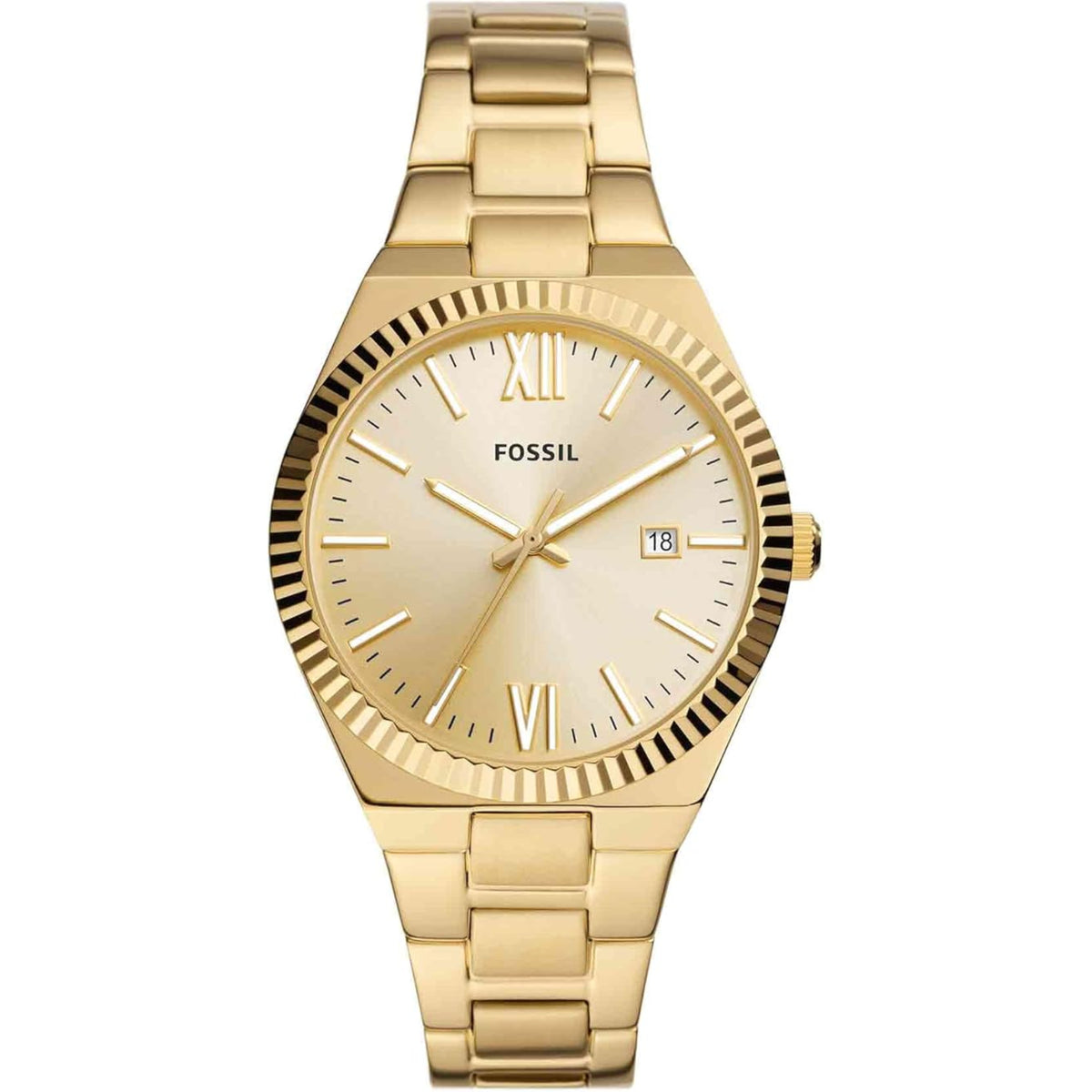 Ladies gold-tone stainless steel quartz watch with white dial and date at 6 o'clock