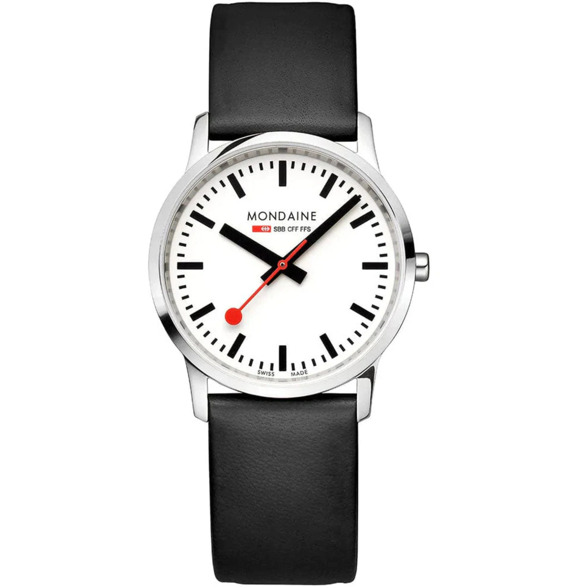 Quartz wristwatch with white dial, black leather strap, silver-tone bezel, red pointer