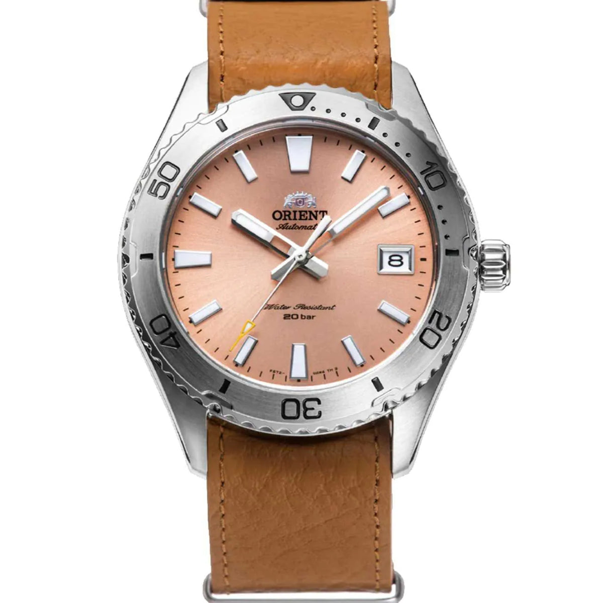 Mens automatic watch, orange dial, brown leather strap, silver case, diver bezel