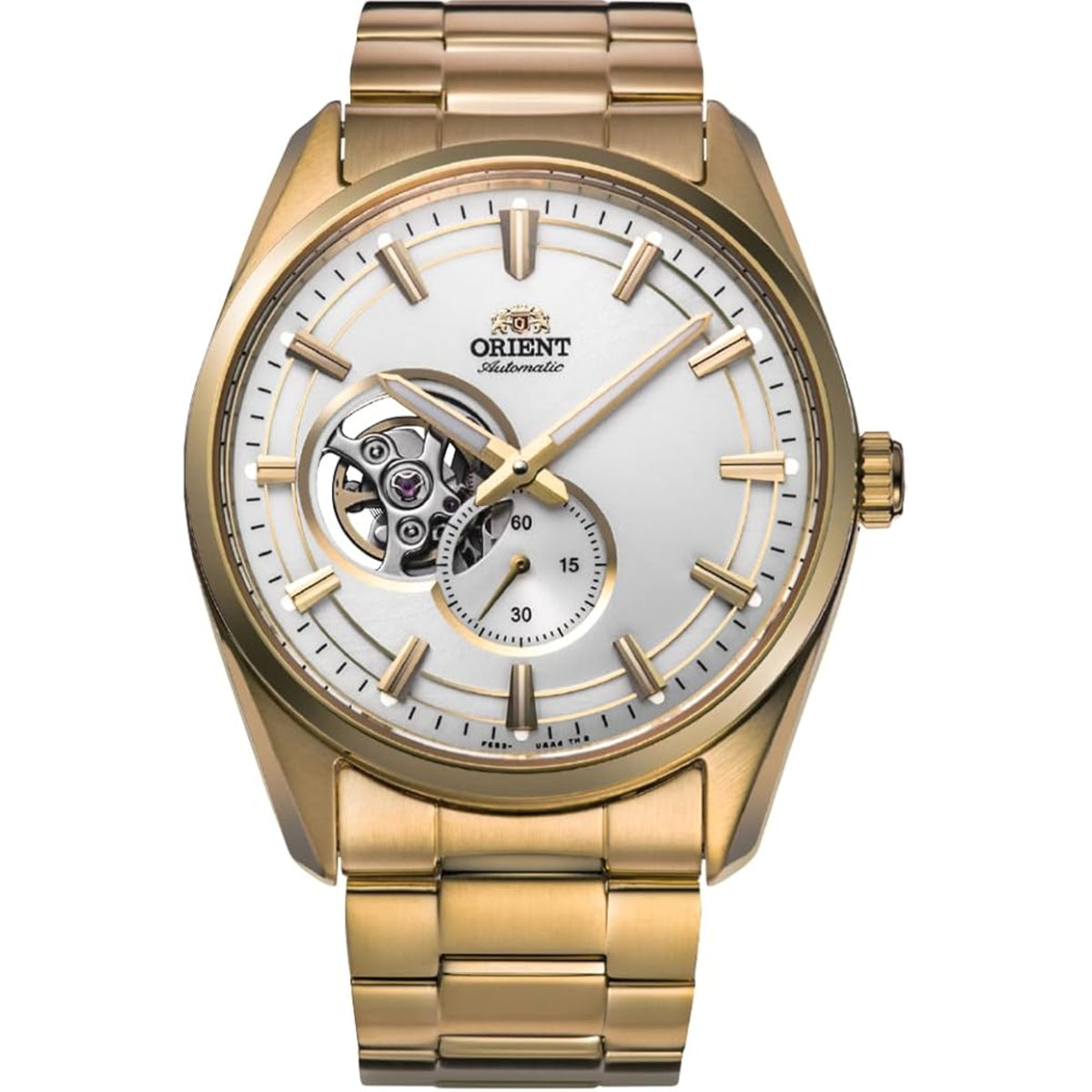 Gold-tone men's automatic watch front view with white dial and visible skeleton movement