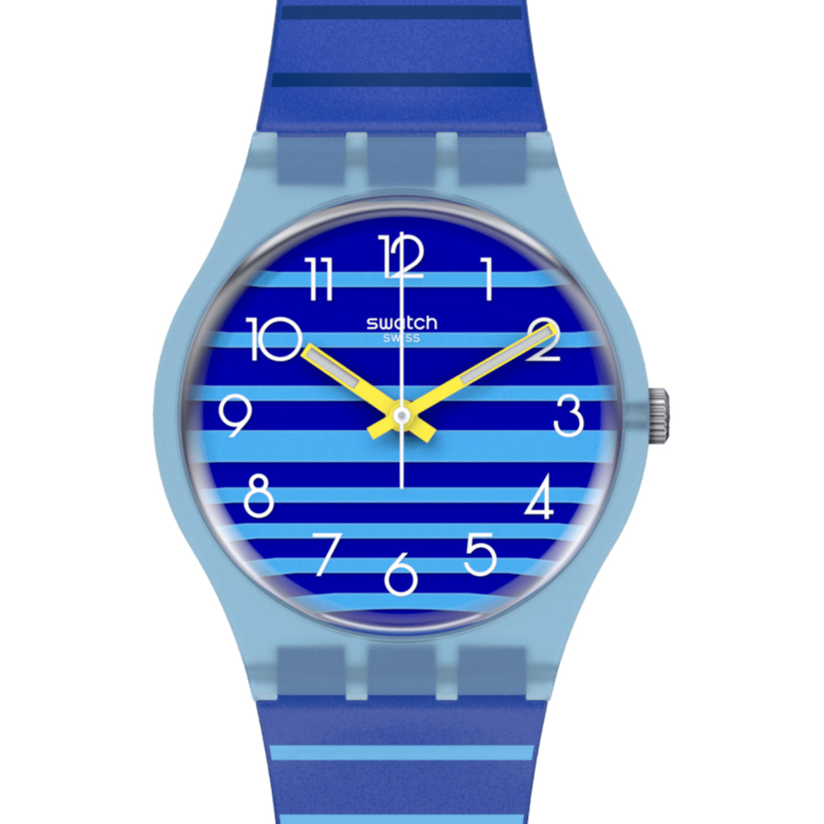 Ladies quartz watch with blue dial, yellow hands, and light-blue silicone strap