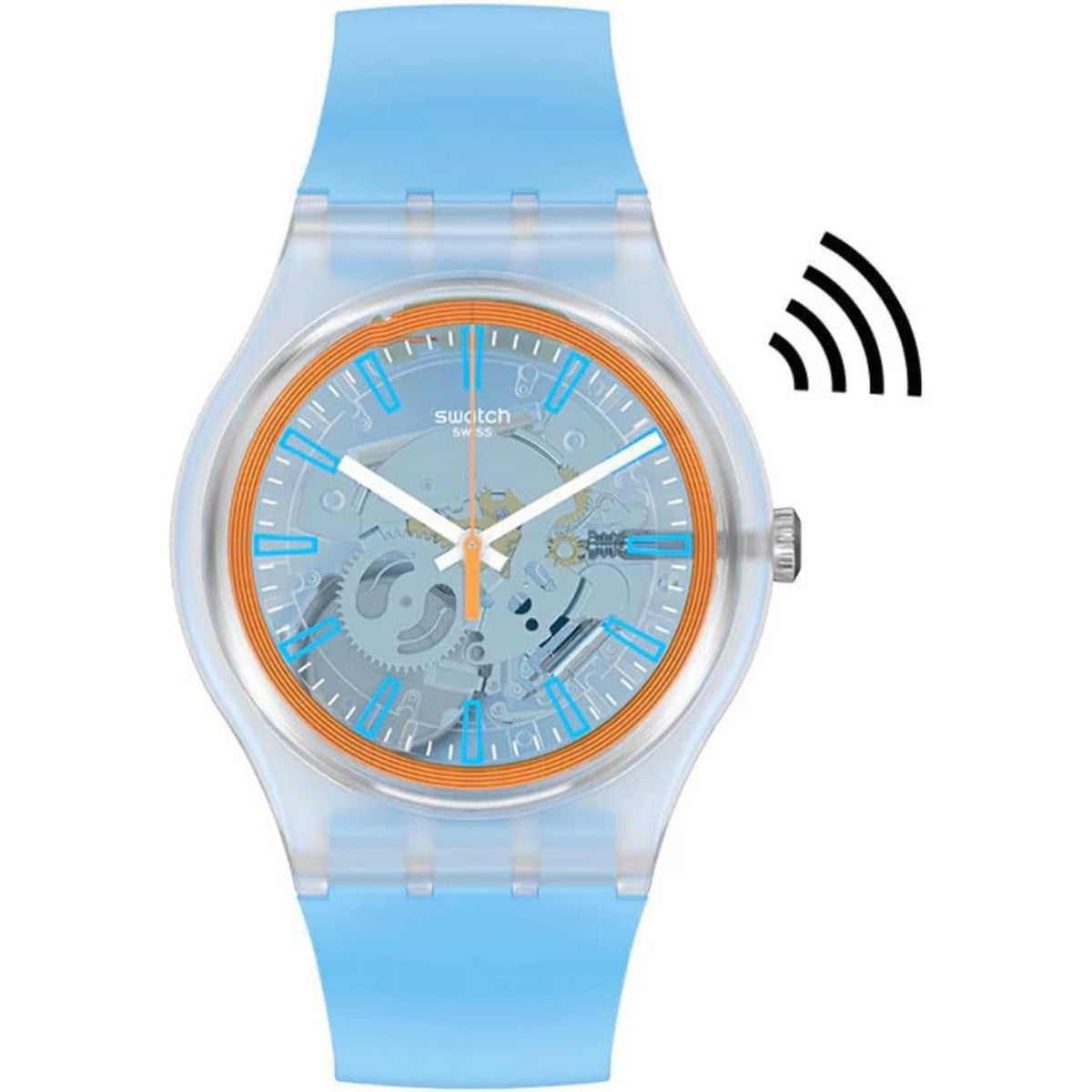 Light blue silicone strap quartz watch with transparent dial, orange bezel and chrono hands