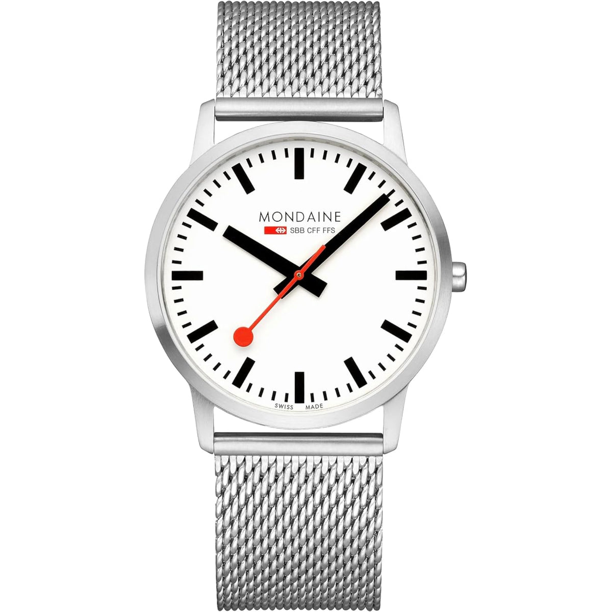 Front view of Mondaine Simply Elegant A638.30350.16SBZ mens quartz watch with white dial and mesh steel bracelet