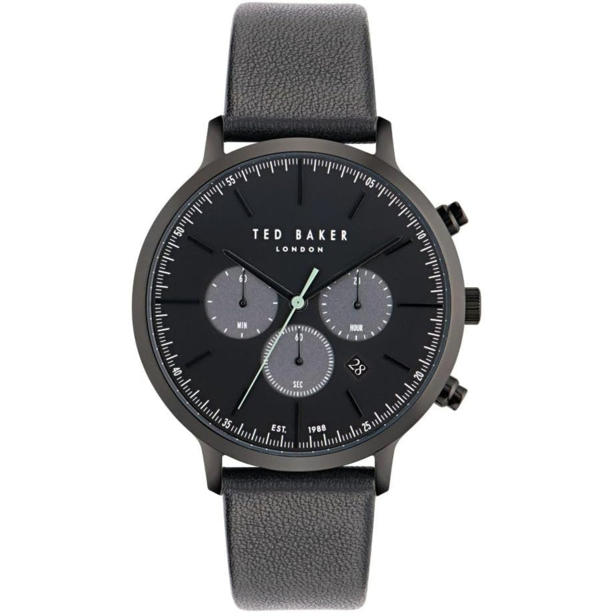 Men's black dial leather chronograph watch with black leather strap and three subdials