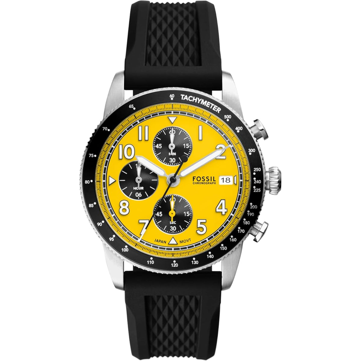 Men's chronograph watch with yellow dial, black tachymeter bezel, black silicone strap.