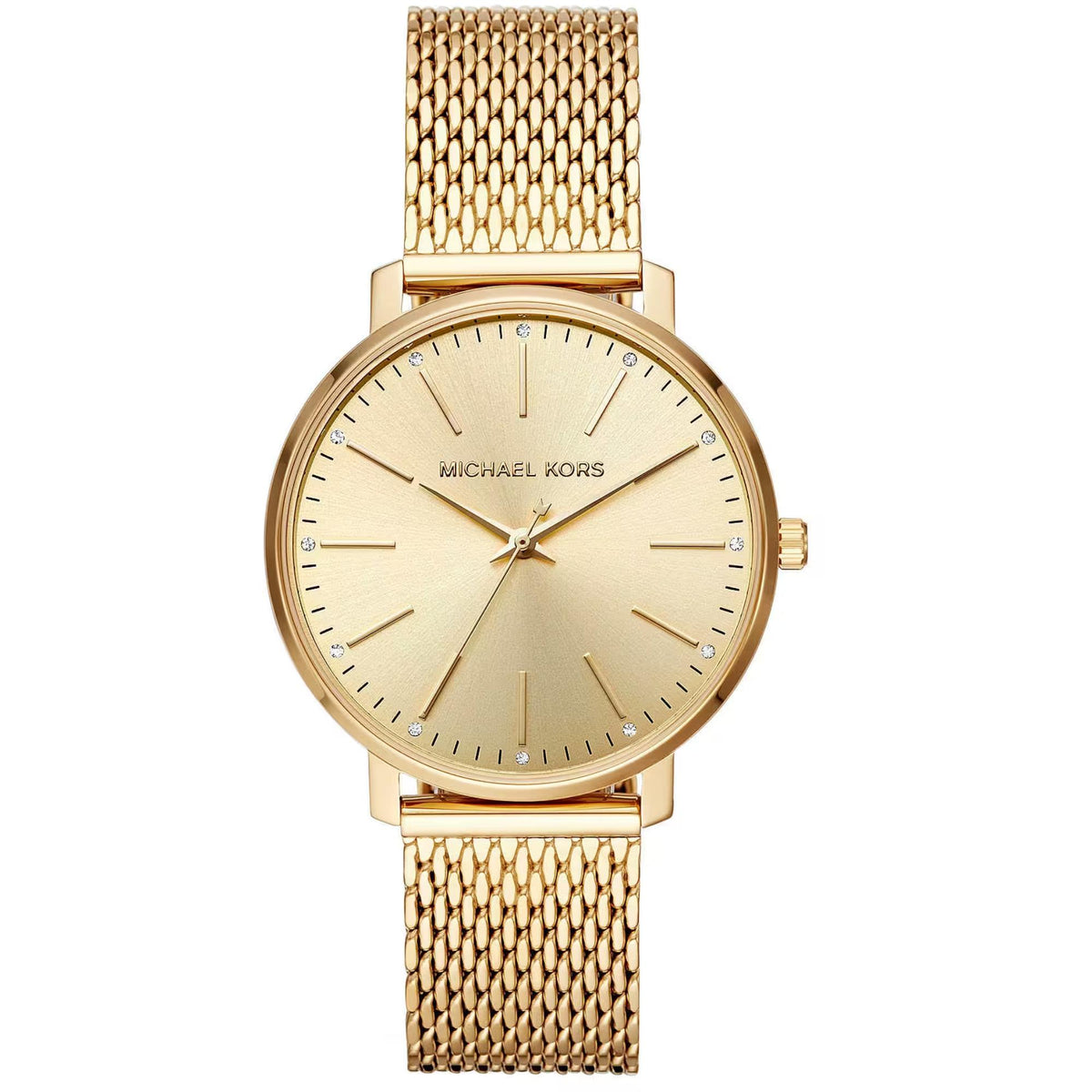 Michael Kors Pyper MK4339 ladies watch front view showing a round gold dial with crystal hour markers, gold-tone case, and mesh bracelet