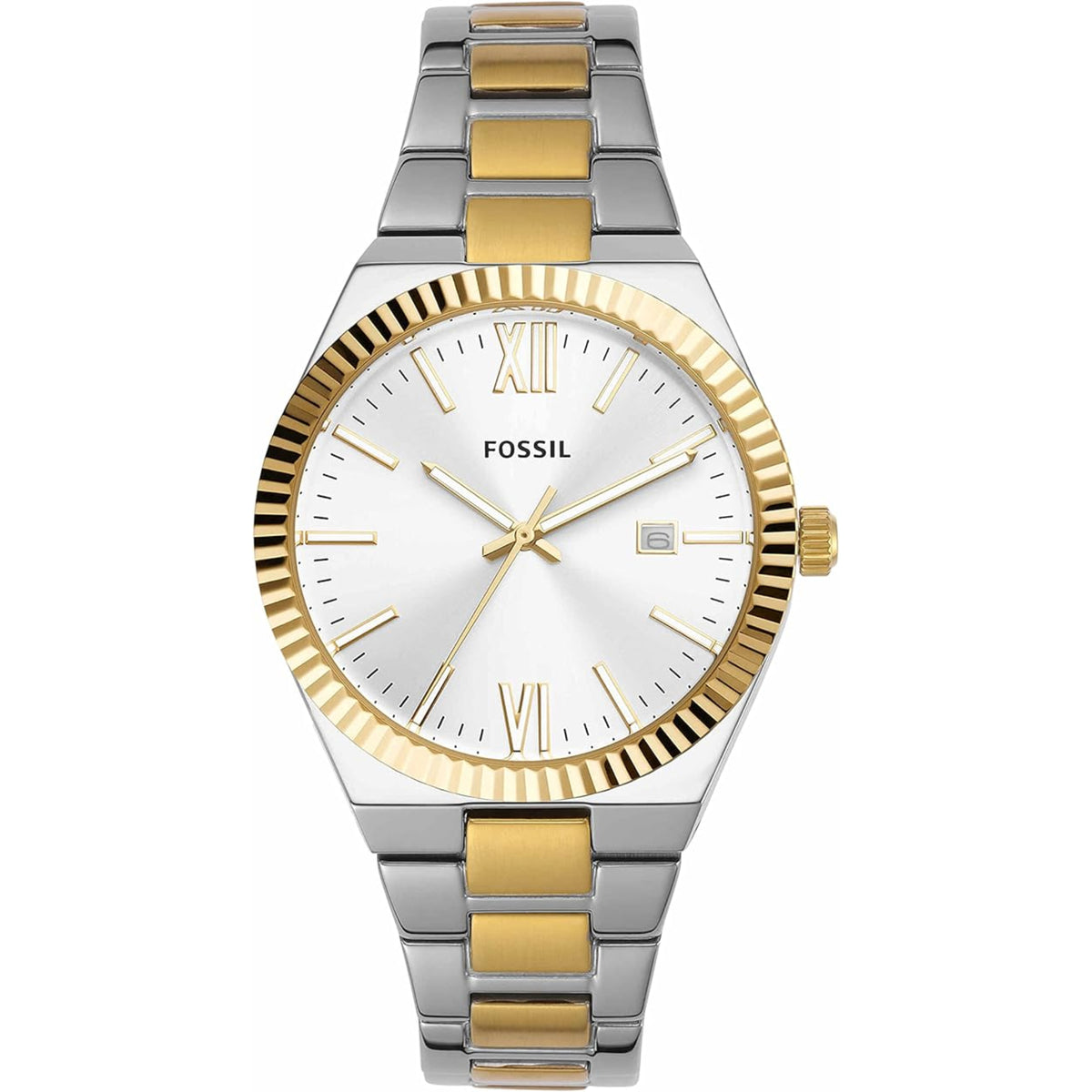 Two-tone ladies quartz watch with white dial, Roman numerals, gold bezel and silver bracelet