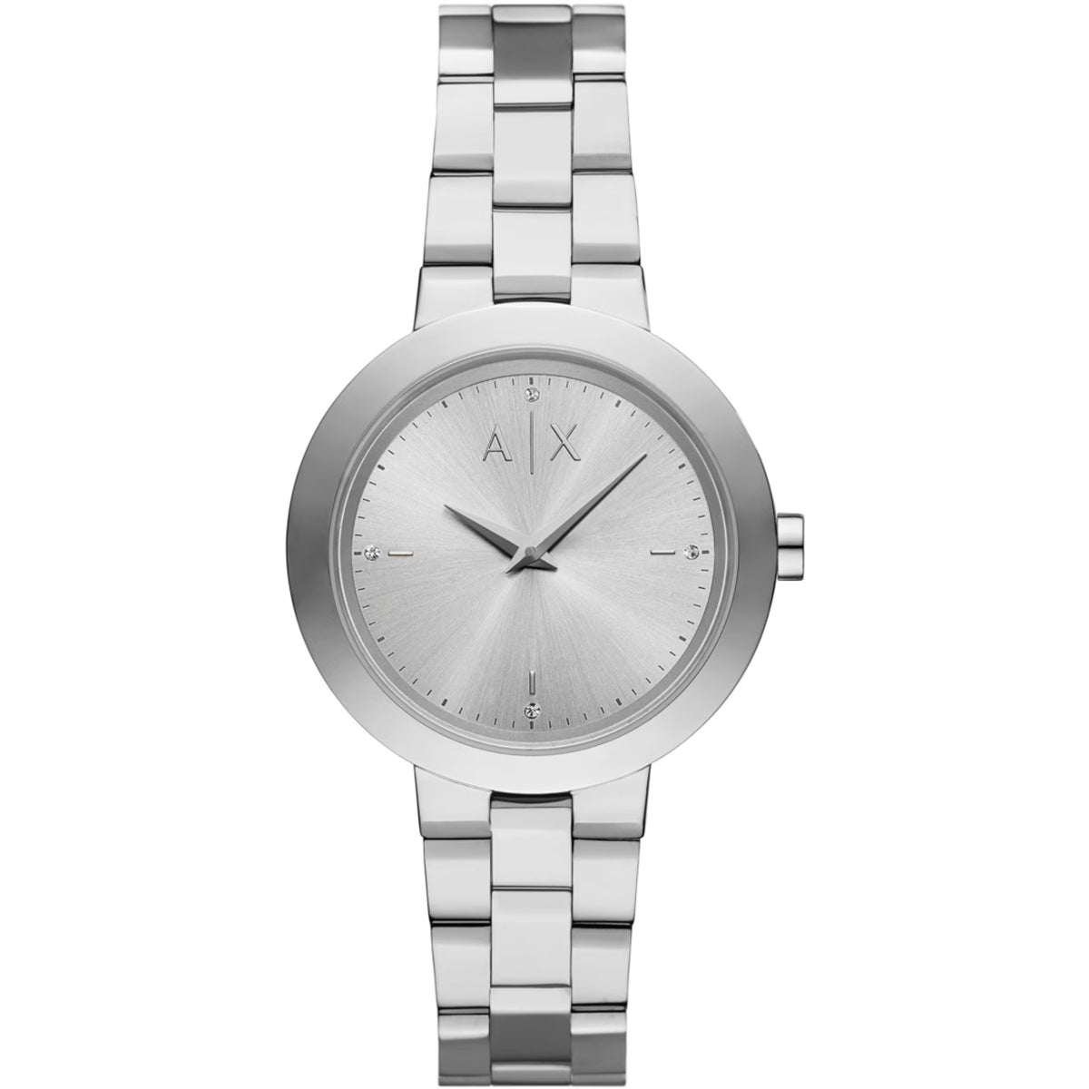 Armani Exchange Jackie AX5170 front view displaying silver dial with steel case and link bracelet