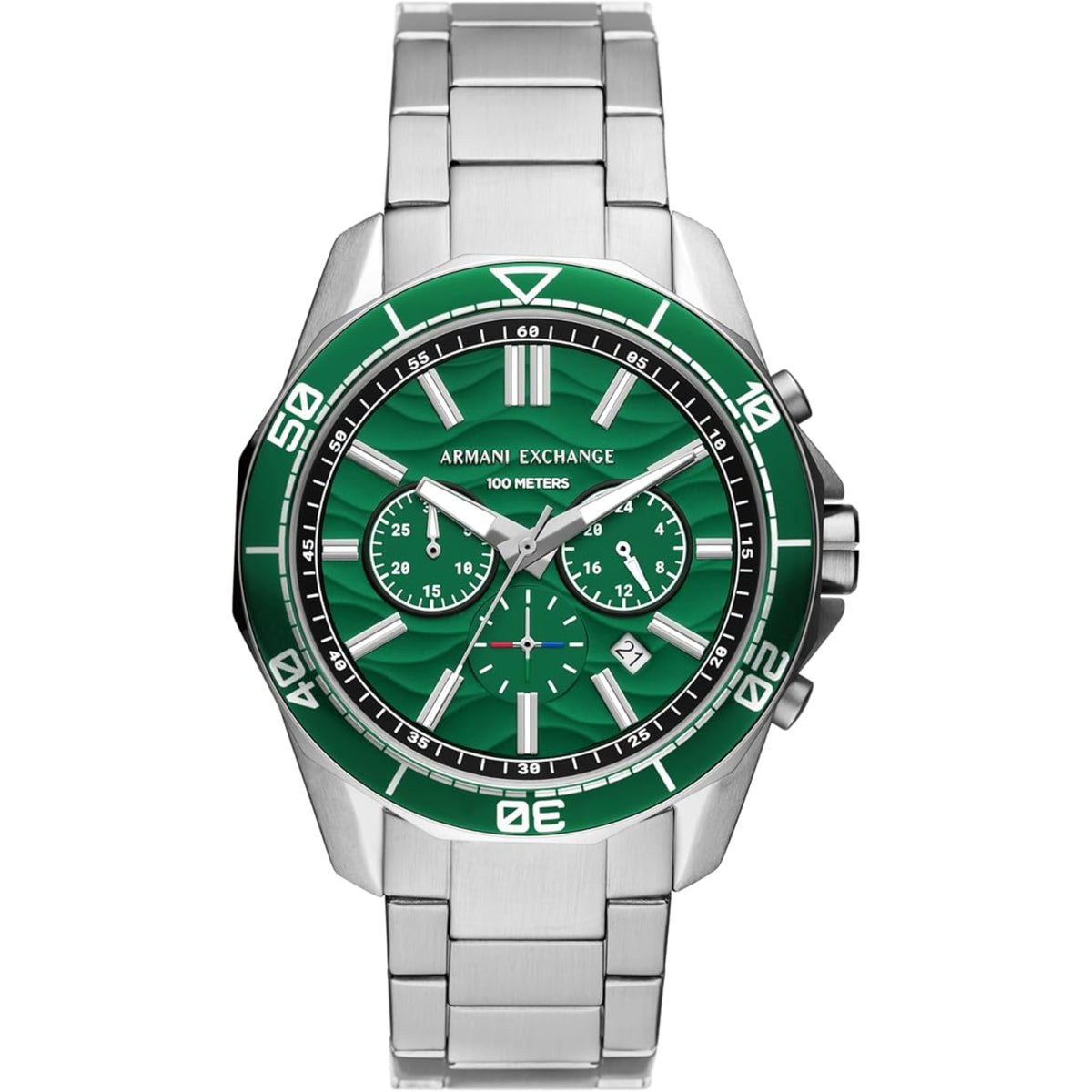 Green dial chronograph quartz watch with steel bracelet and bezel, stainless case