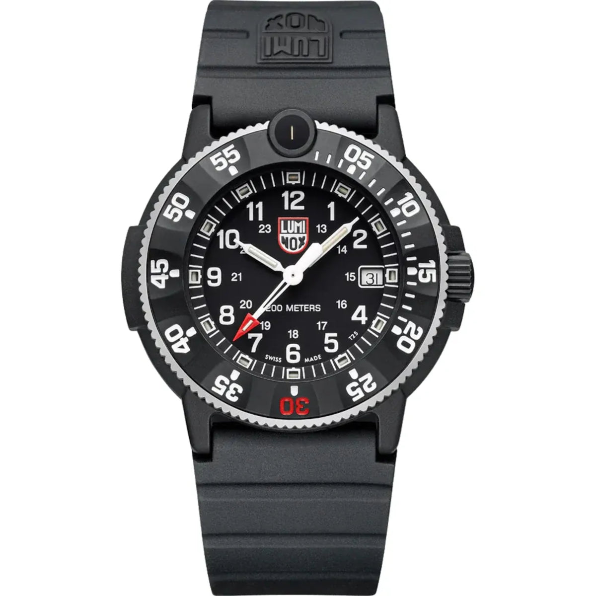 Men's black rubber quartz diver watch with black dial, luminous markers, date window