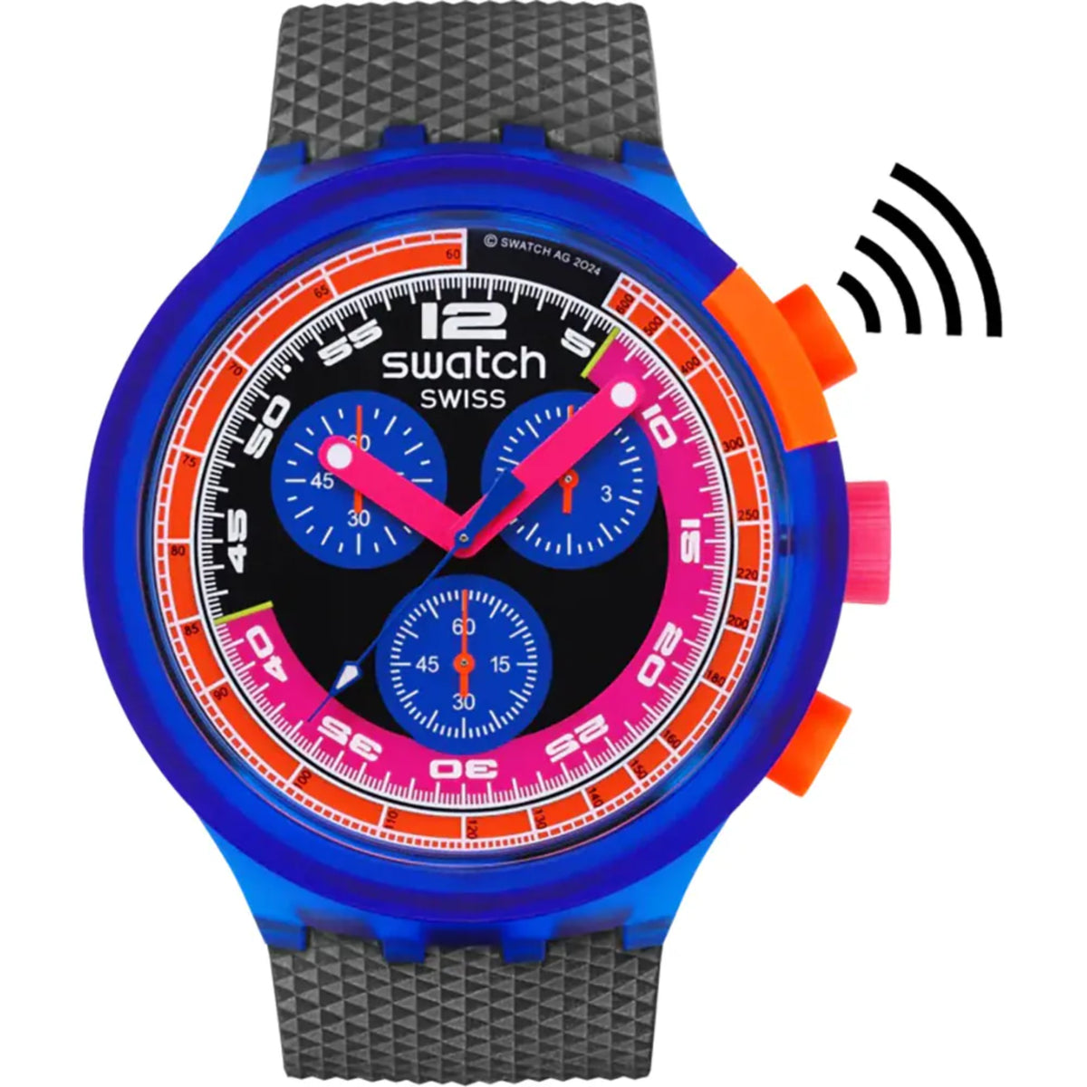 Multicoloured neon dial wristwatch with blue case, orange accents, black face, gray textured strap