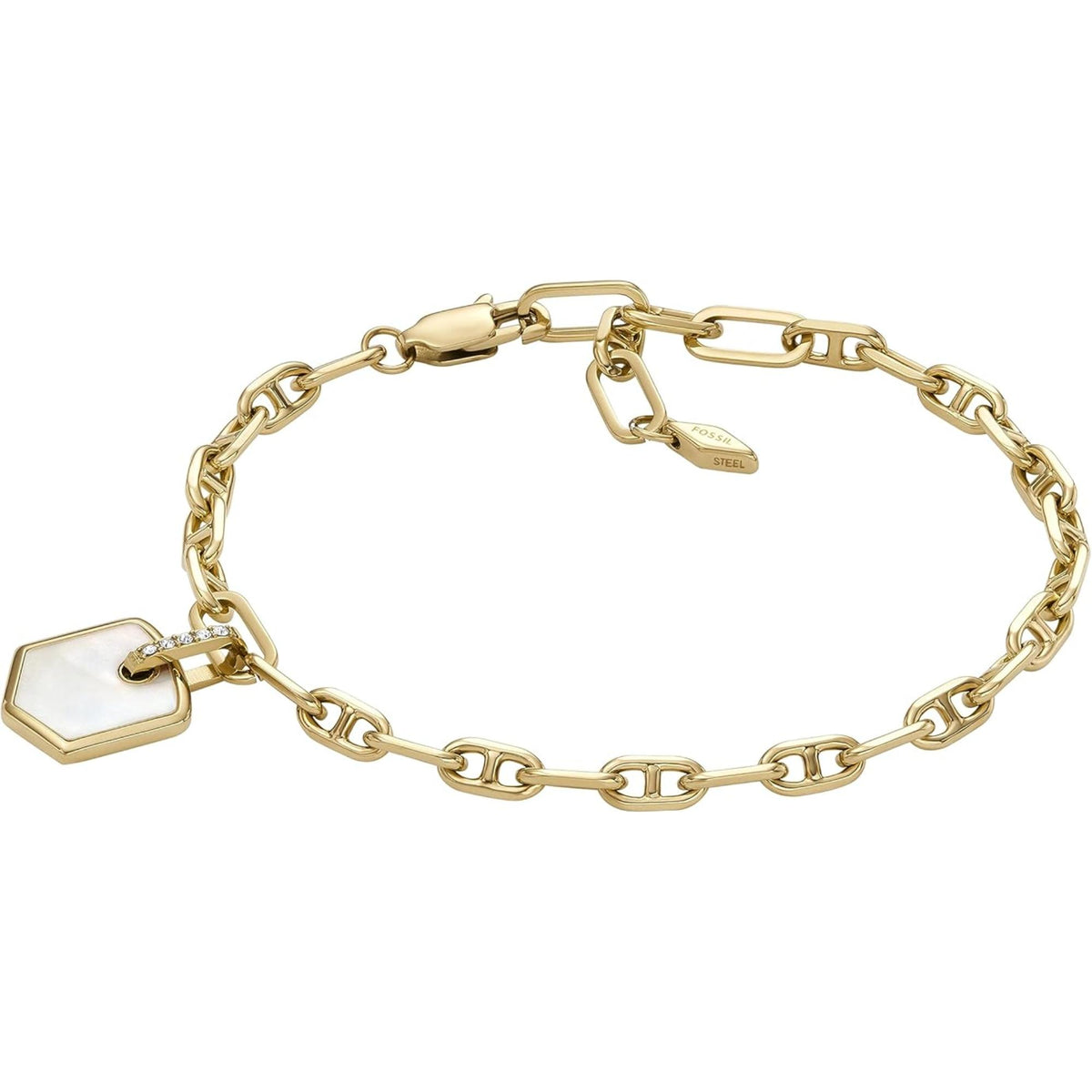 Gold-tone chain bracelet with mother-of-pearl crest charm and toggle clasp