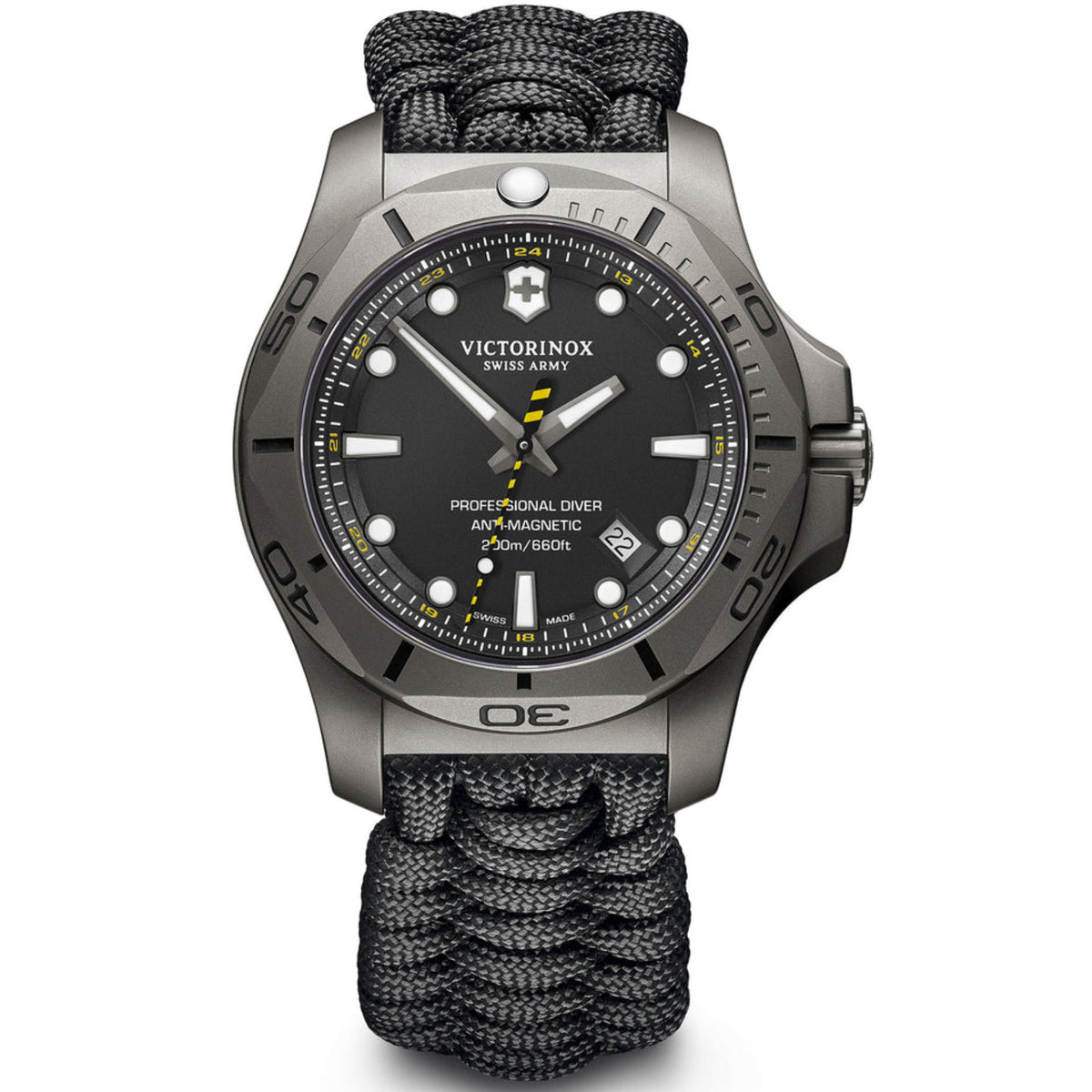 Men's diver watch with black dial, steel case, black paracord strap and bezel