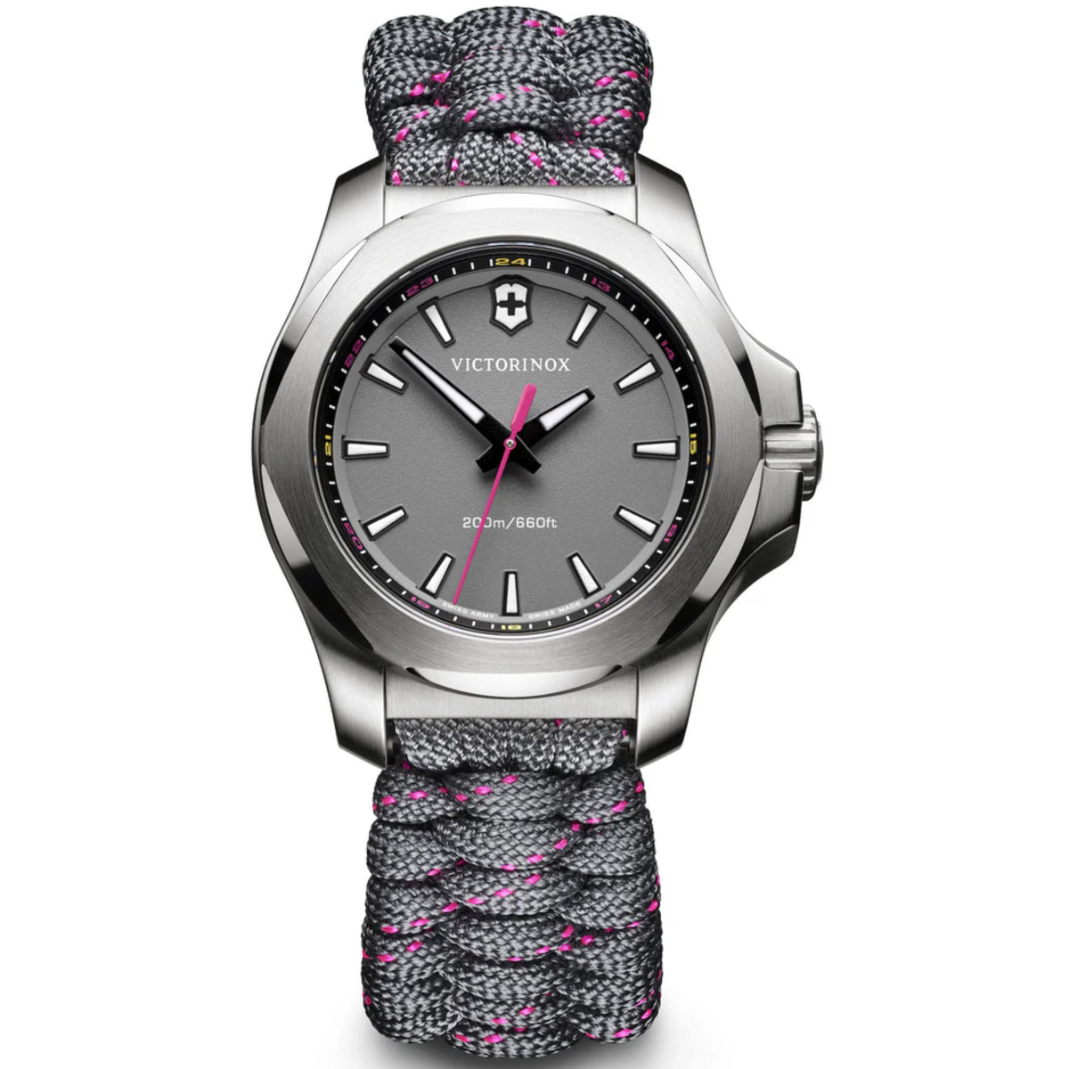 Grey paracord strap quartz wristwatch with silver stainless case, dark dial, analog hands