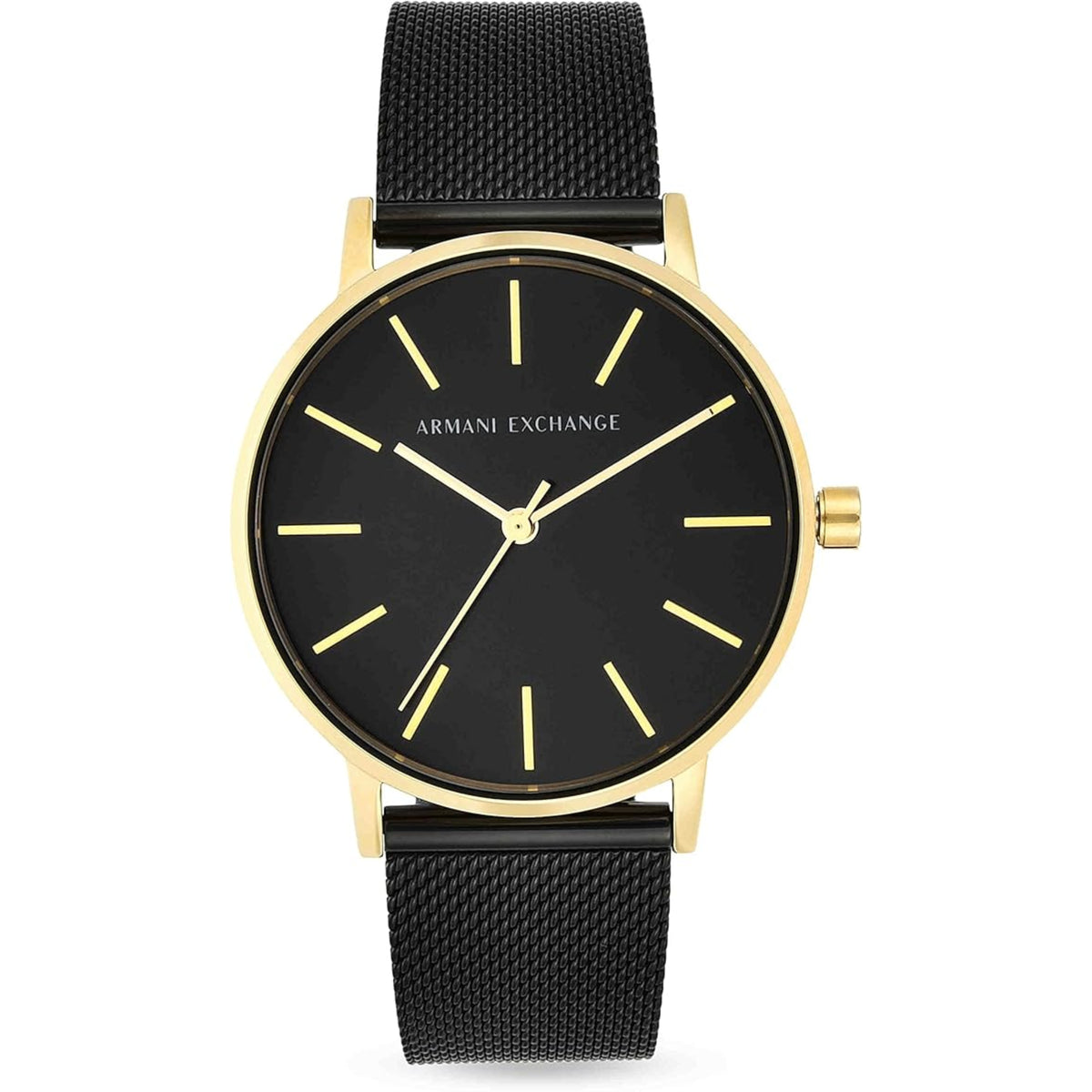 Armani Exchange Lola AX5548 front view displaying black dial with slim baton indices and mesh steel bracelet