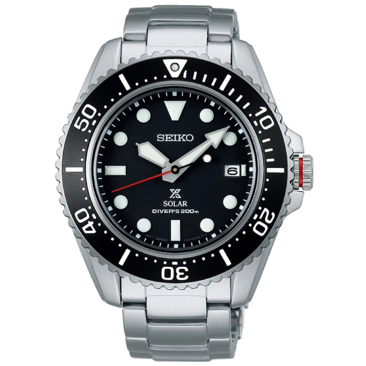 Seiko Prospex solar quartz diver watch with black dial and stainless bracelet