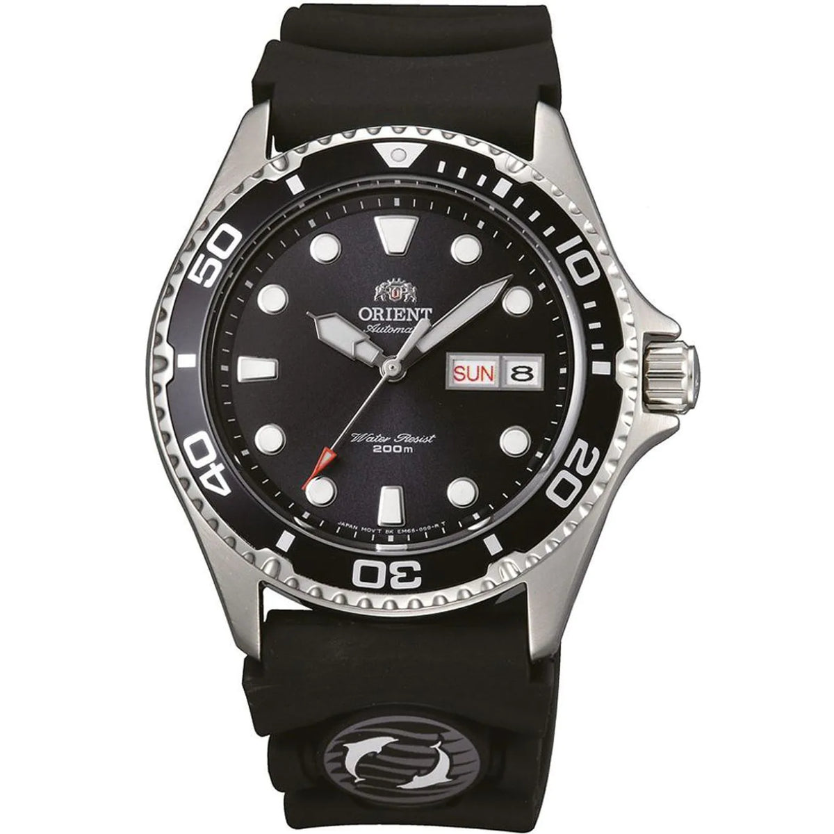 Black dial automatic watch with black rubber strap, silver bezel, and date window