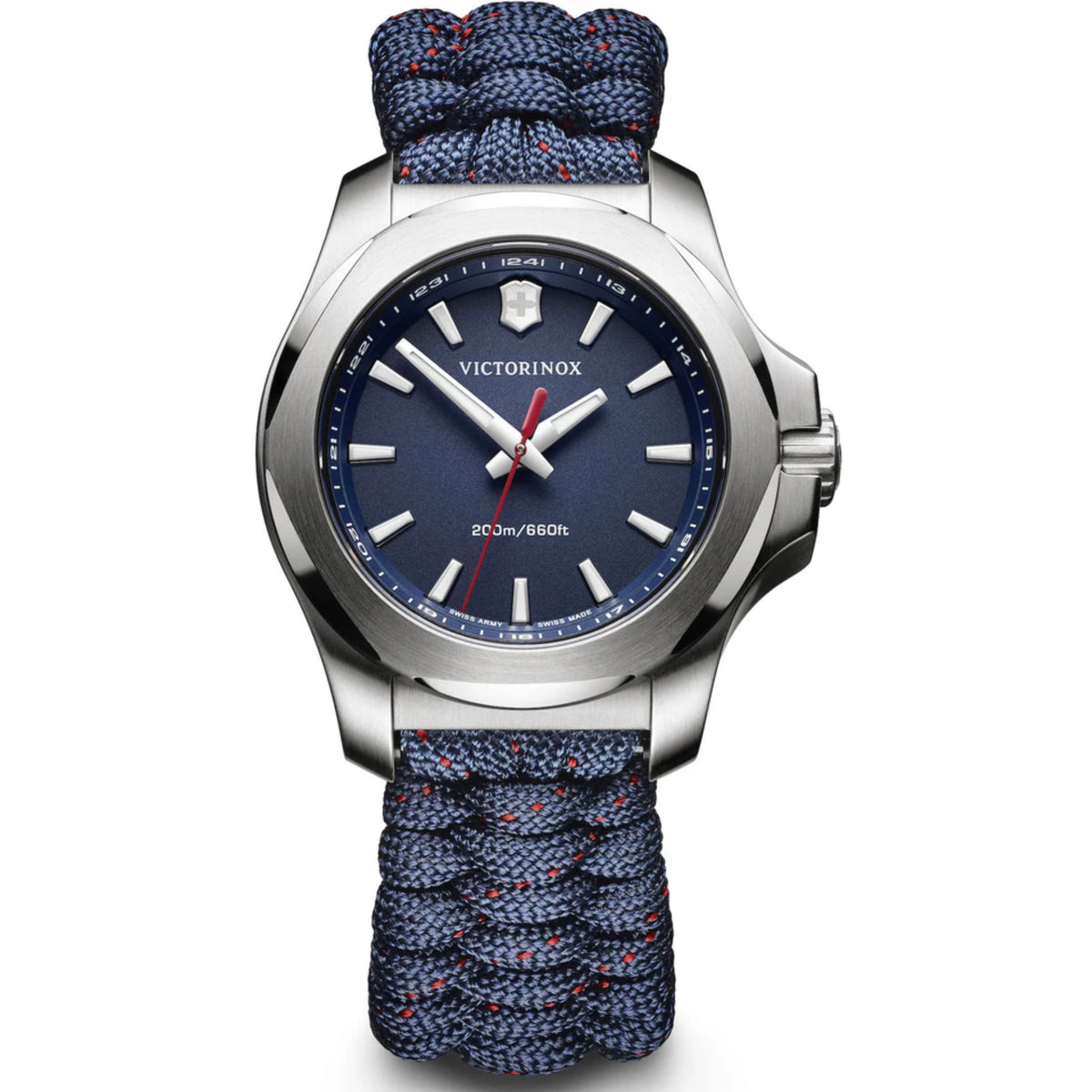 Silver stainless steel quartz watch with blue dial and blue paracord strap, round bezel.
