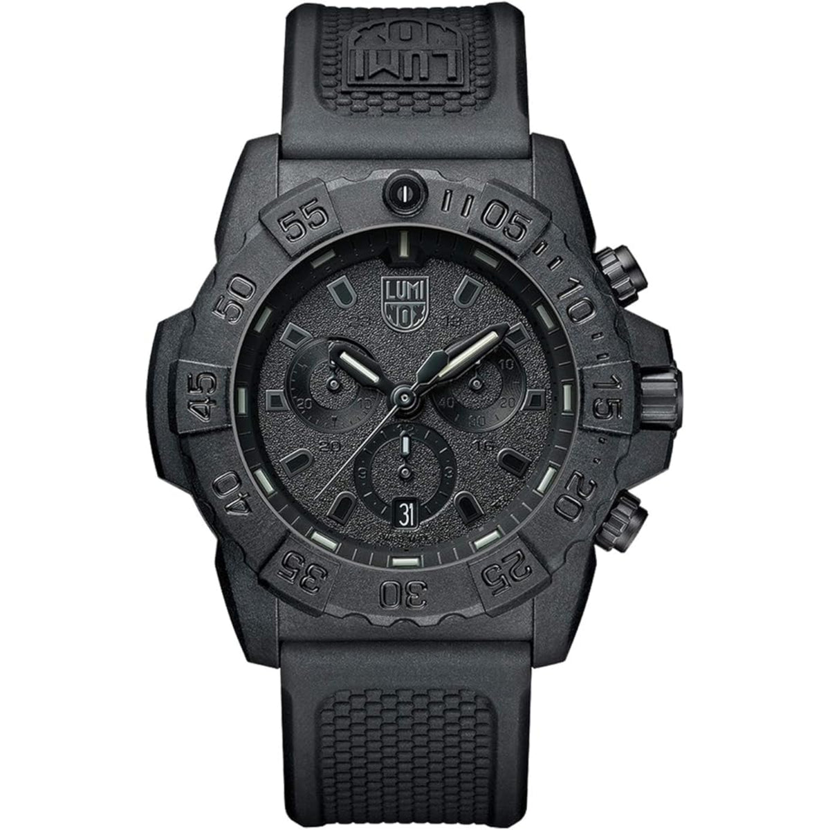 Frontal shot of the all-black Luminox Navy SEAL XS.3581.BO chronograph watch featuring a textured dial and black rubber strap