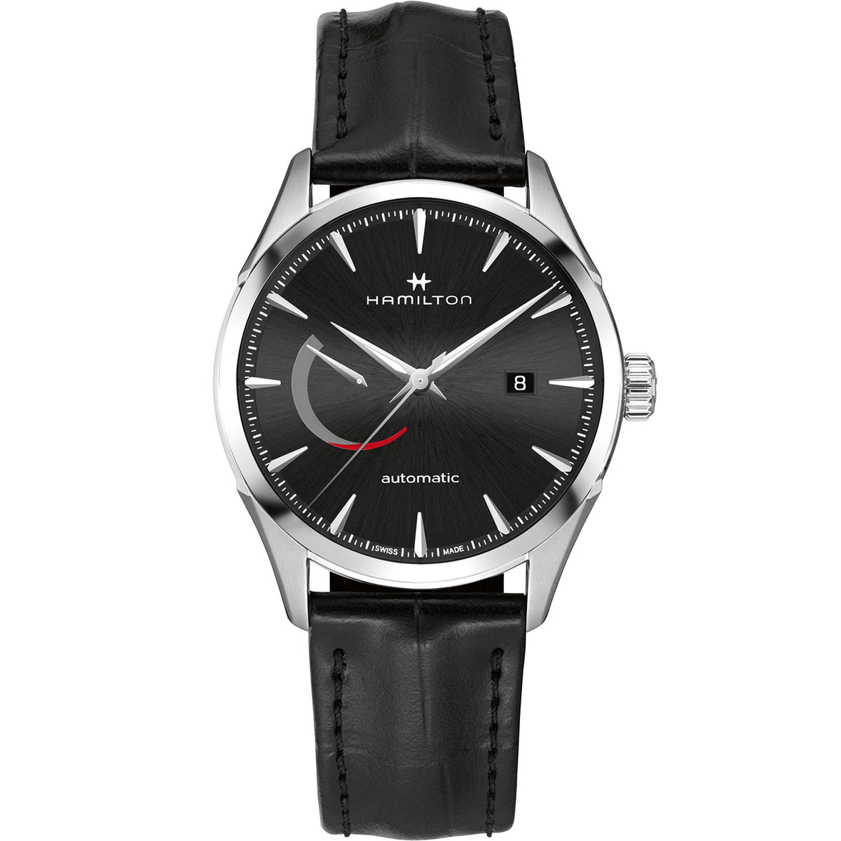 Men's automatic watch with black dial, power reserve arc, silver case, black leather strap