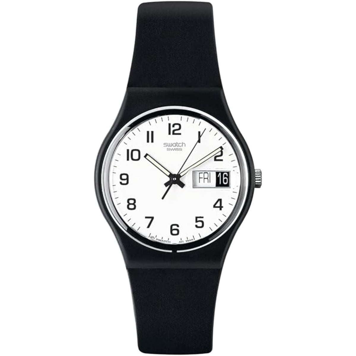 Black silicone strap wristwatch with white dial, silver case, day/date window