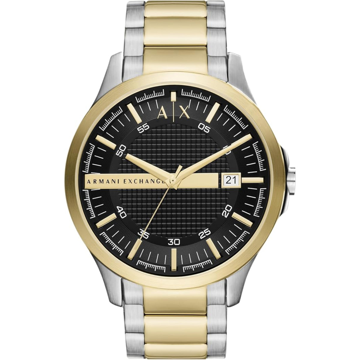 Armani Exchange Hampton steel quartz watch, black textured dial with date window, gold accents
