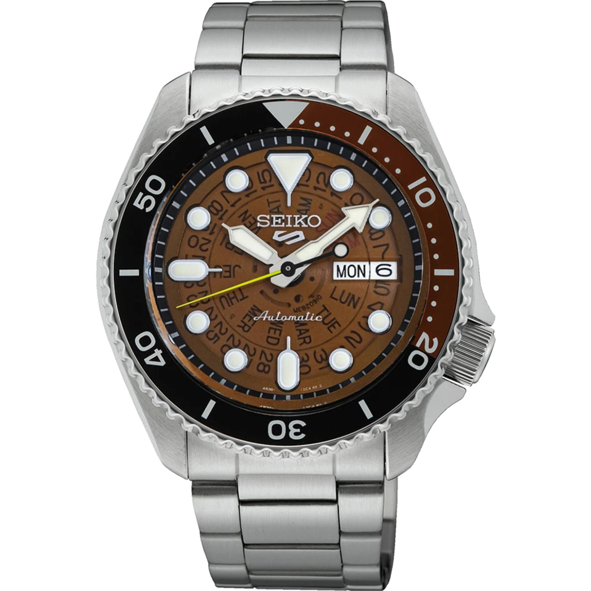 Stainless steel men’s automatic skeleton dial watch with orange-brown dial and black bezel