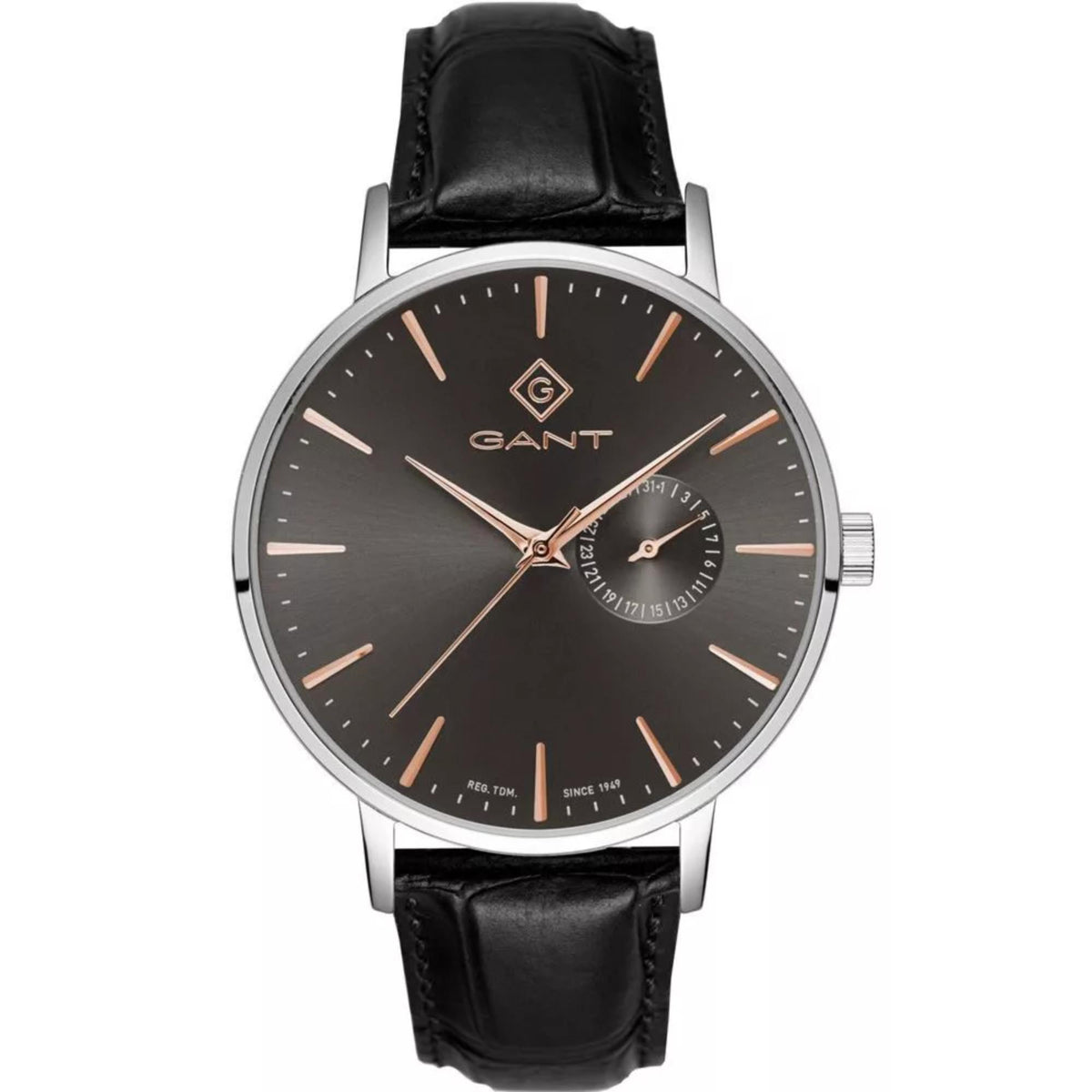 Men's quartz watch with black leather strap, dark gray dial, rose-gold hands and markers.