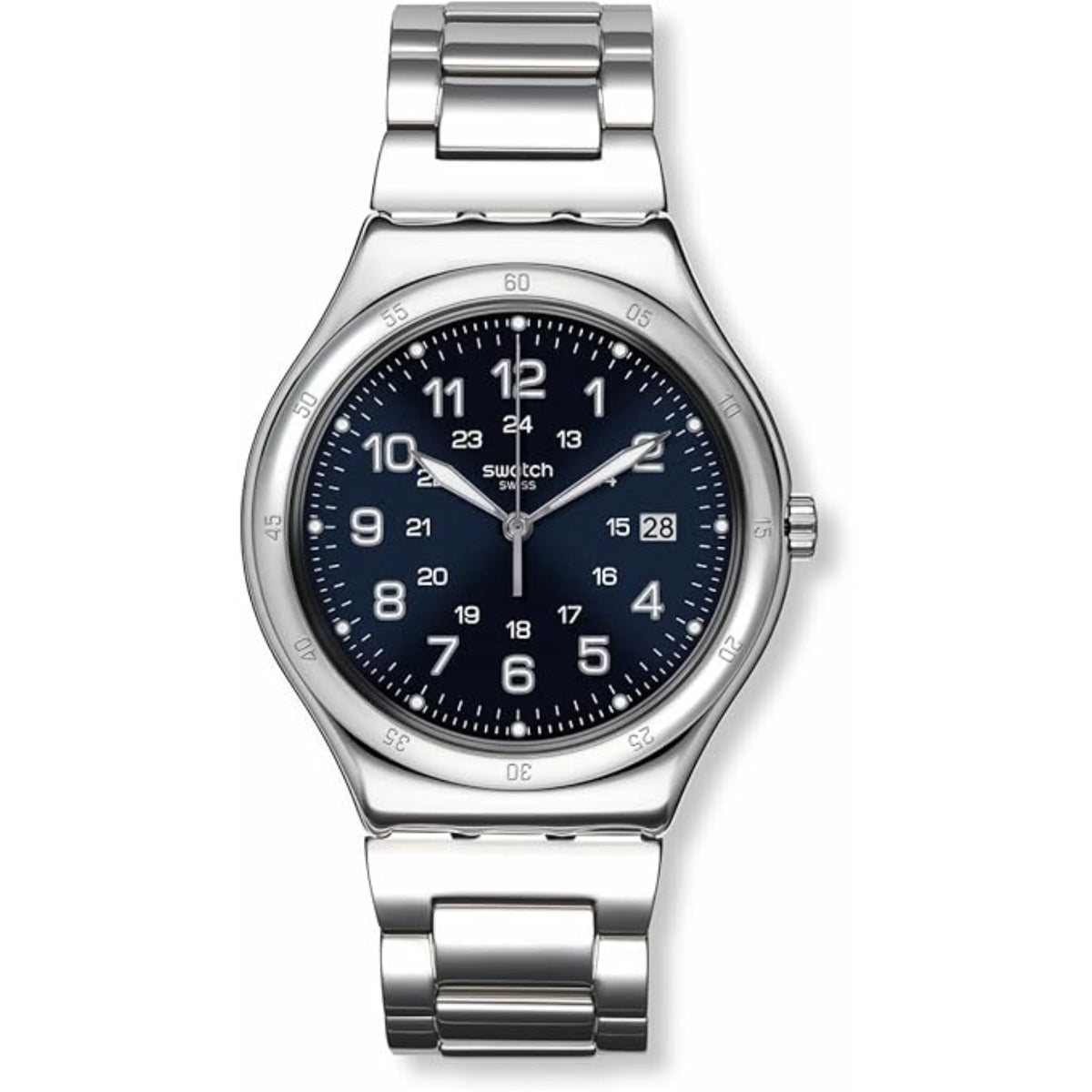 Stainless steel men’s wristwatch with dark blue dial, metal bracelet, and date window
