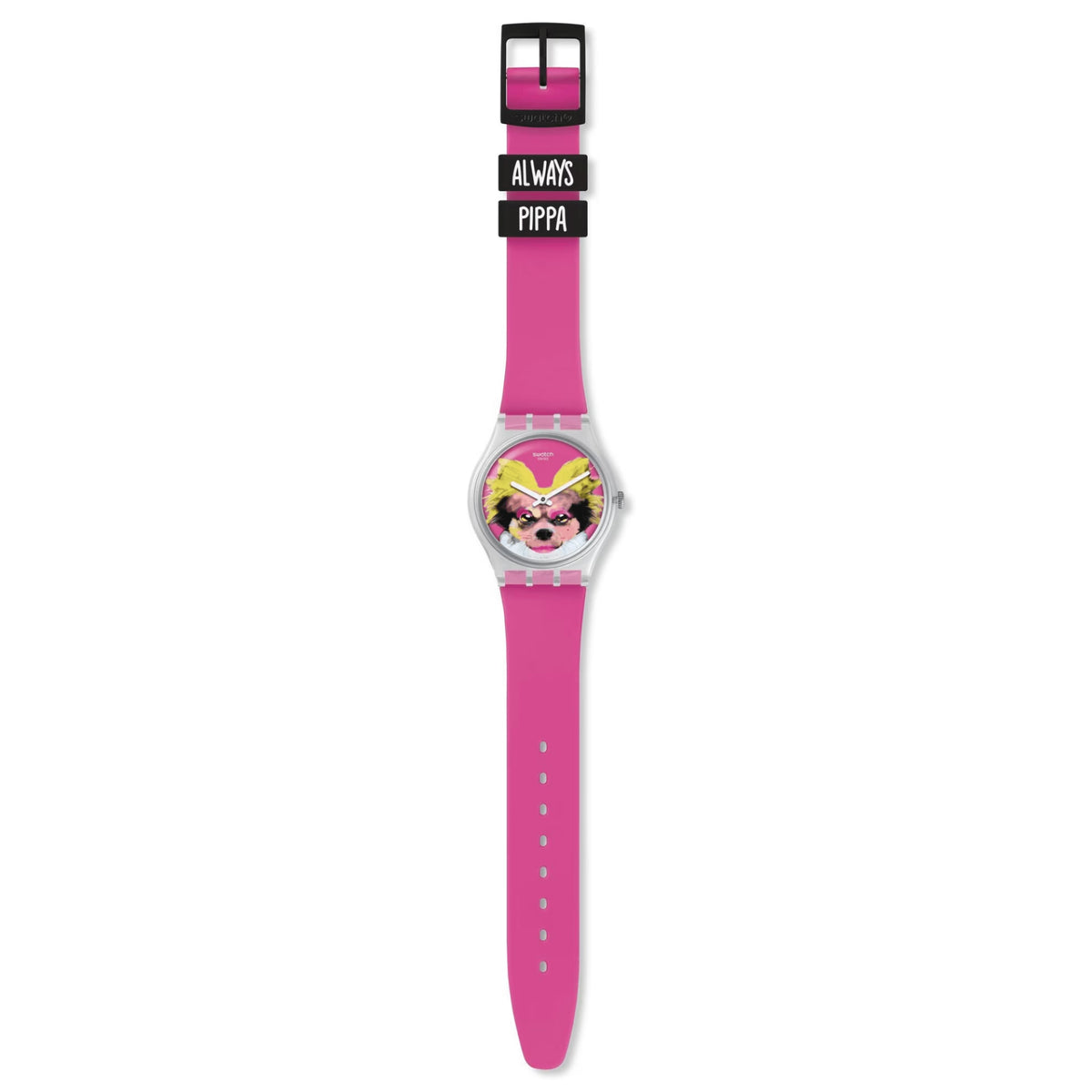 Girls pink silicone strap watch with dog face dial and printed logo on strap