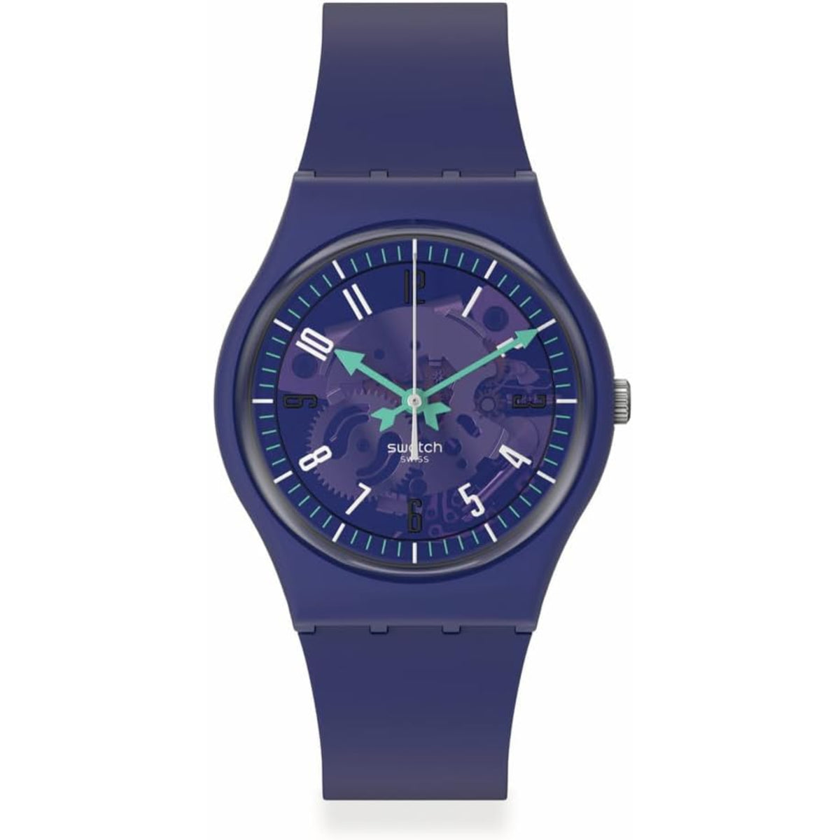 Purple silicone strap analog watch with purple dial, green hands, and numeric hour markers