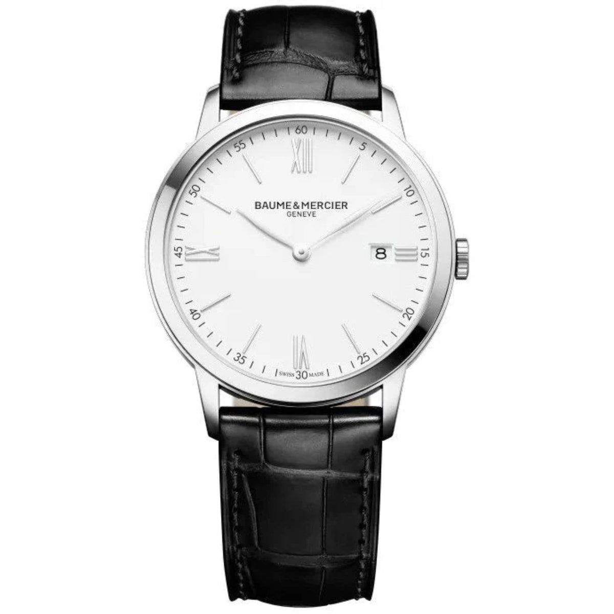 Men's Classima quartz watch with white dial and black leather strap, silver case