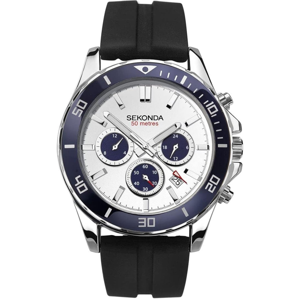 Men's sports quartz watch with white dial, blue bezel, black rubber strap