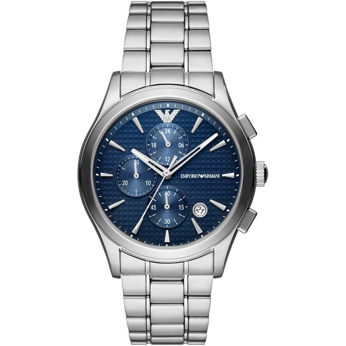 Emporio Armani Paolo AR11528 mens chronograph watch featuring a blue textured dial, three subdials, and a stainless steel link bracelet