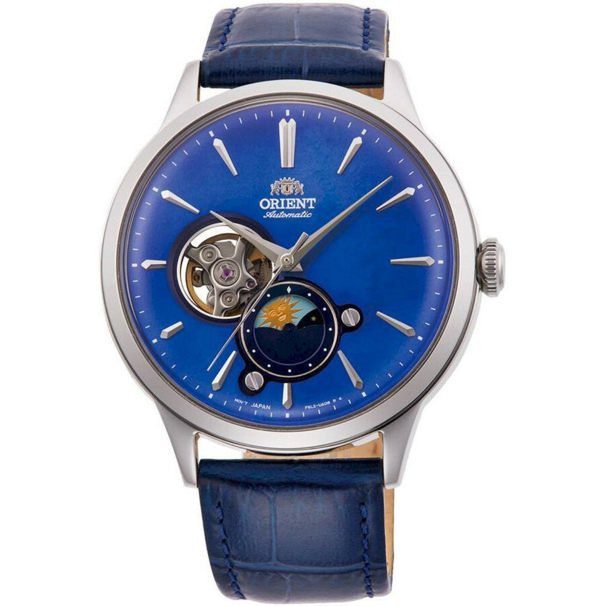 Men's automatic wristwatch with blue dial, moon-sun subdial, and blue leather strap