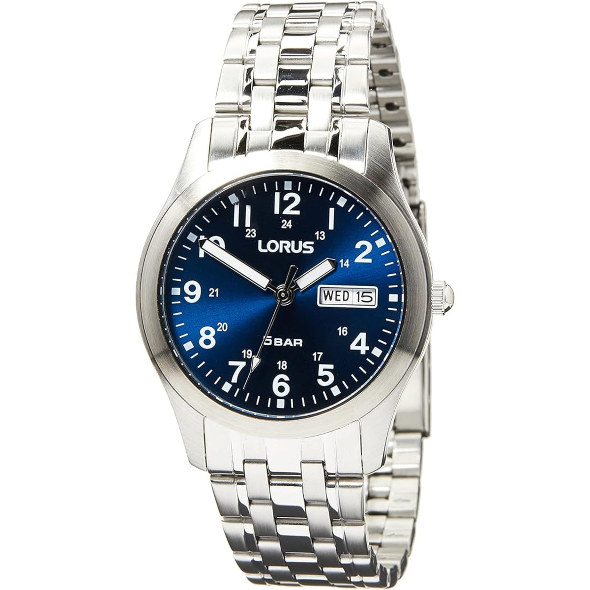 Men's stainless steel watch with dark blue sunray dial, silver bracelet, date window