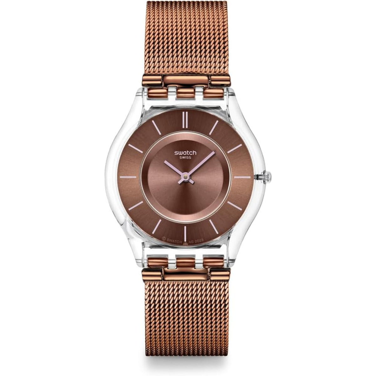 Men's quartz watch with brown dial, rose-gold accents, silver case, and mesh strap