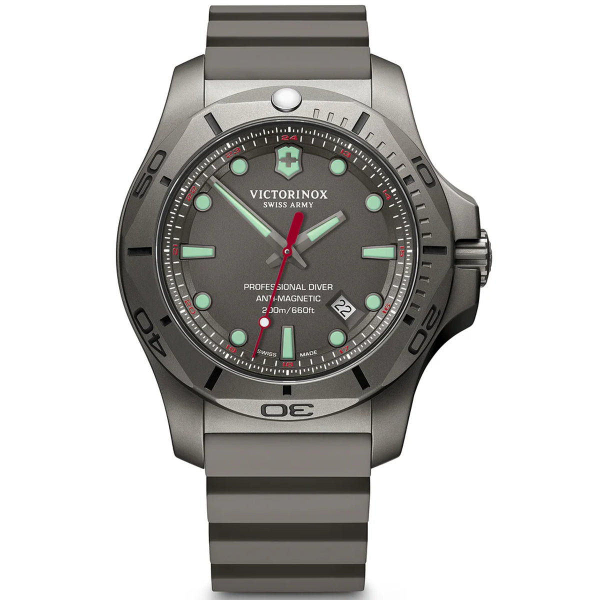 Grey men's diver watch, grey dial, stainless case, grey rubber strap