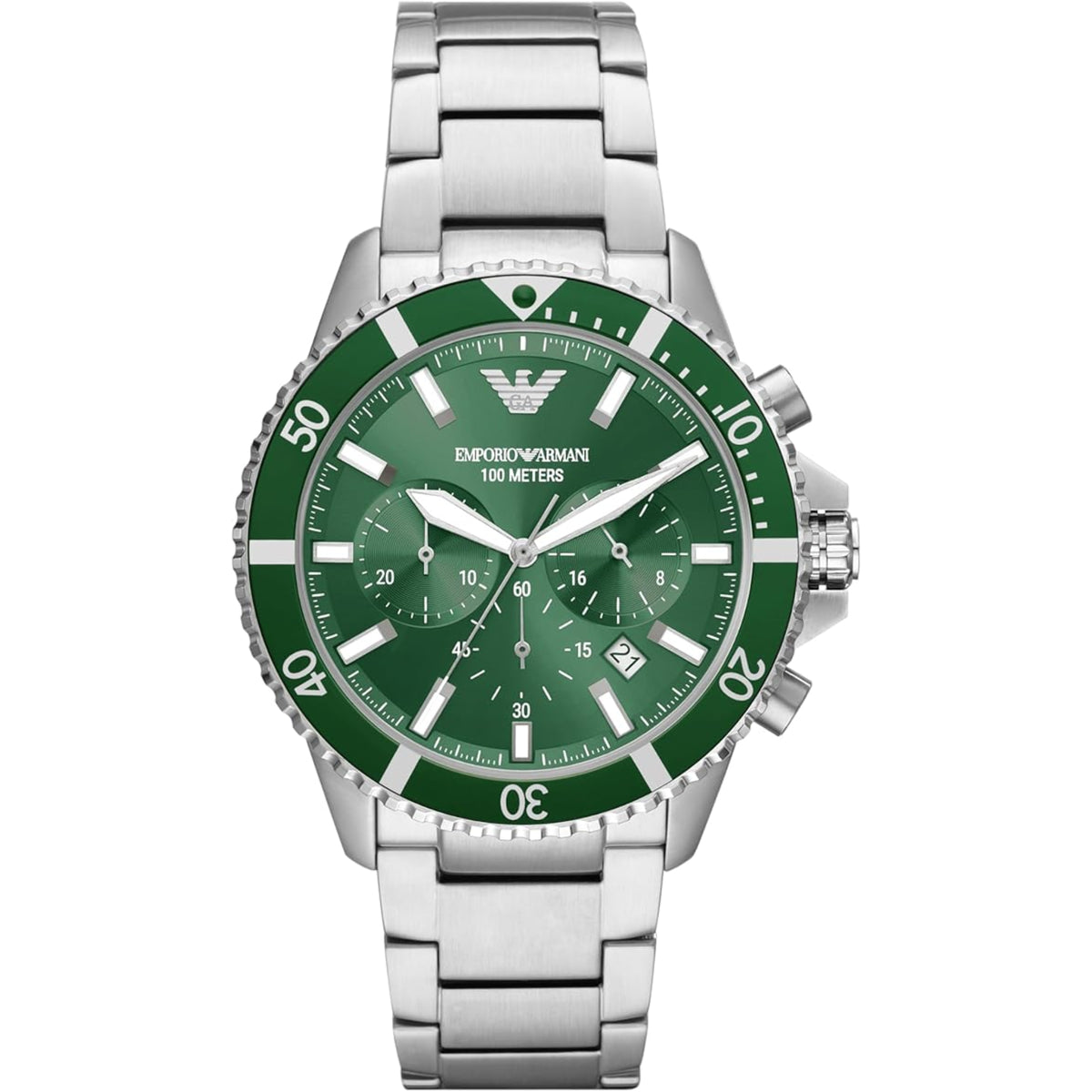 Emporio Armani Diver AR11500 43mm chronograph watch with green dial, metal bracelet, date window