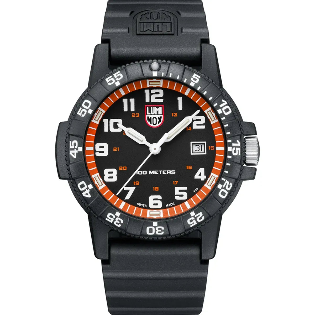 Black men’s wristwatch with orange bezel, white hands, date window, silicone strap