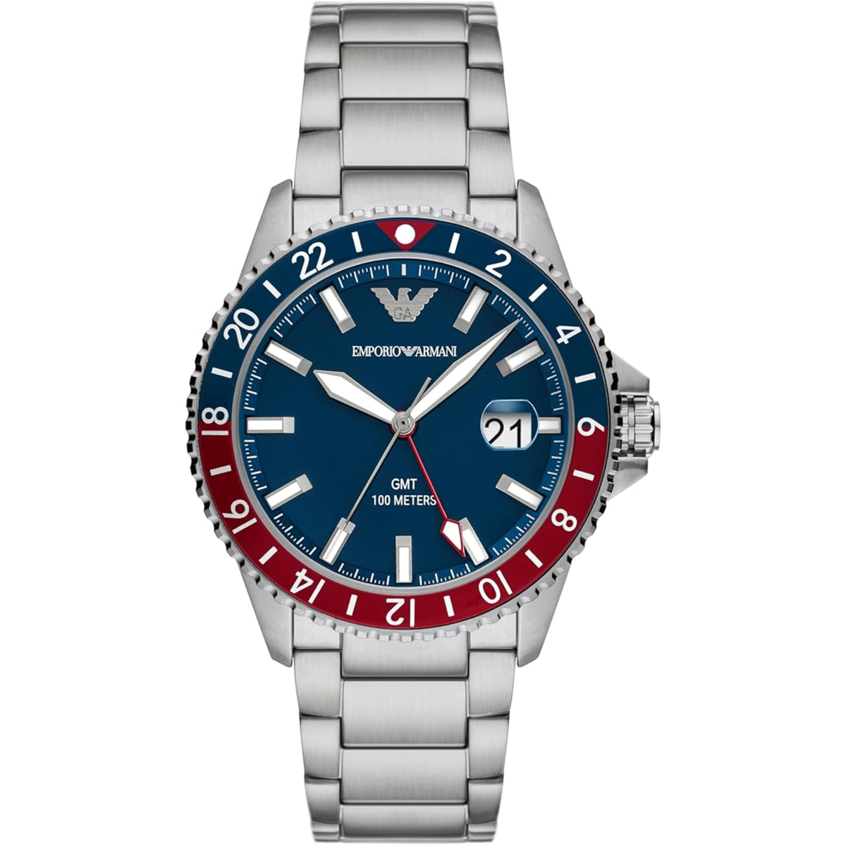 Emporio Armani Diver AR11590 front view displaying blue dial with two-tone bezel and steel bracelet
