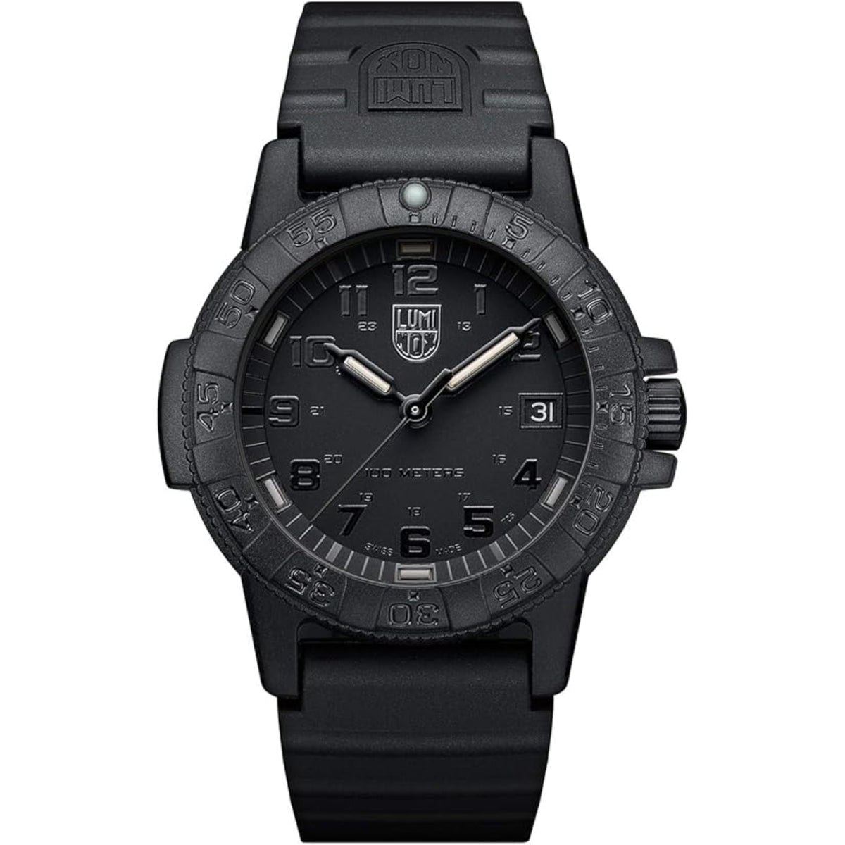 Front view of the blackout Luminox Leatherback Sea Turtle XS.0301.BO.L watch with a black dial and silicone band
