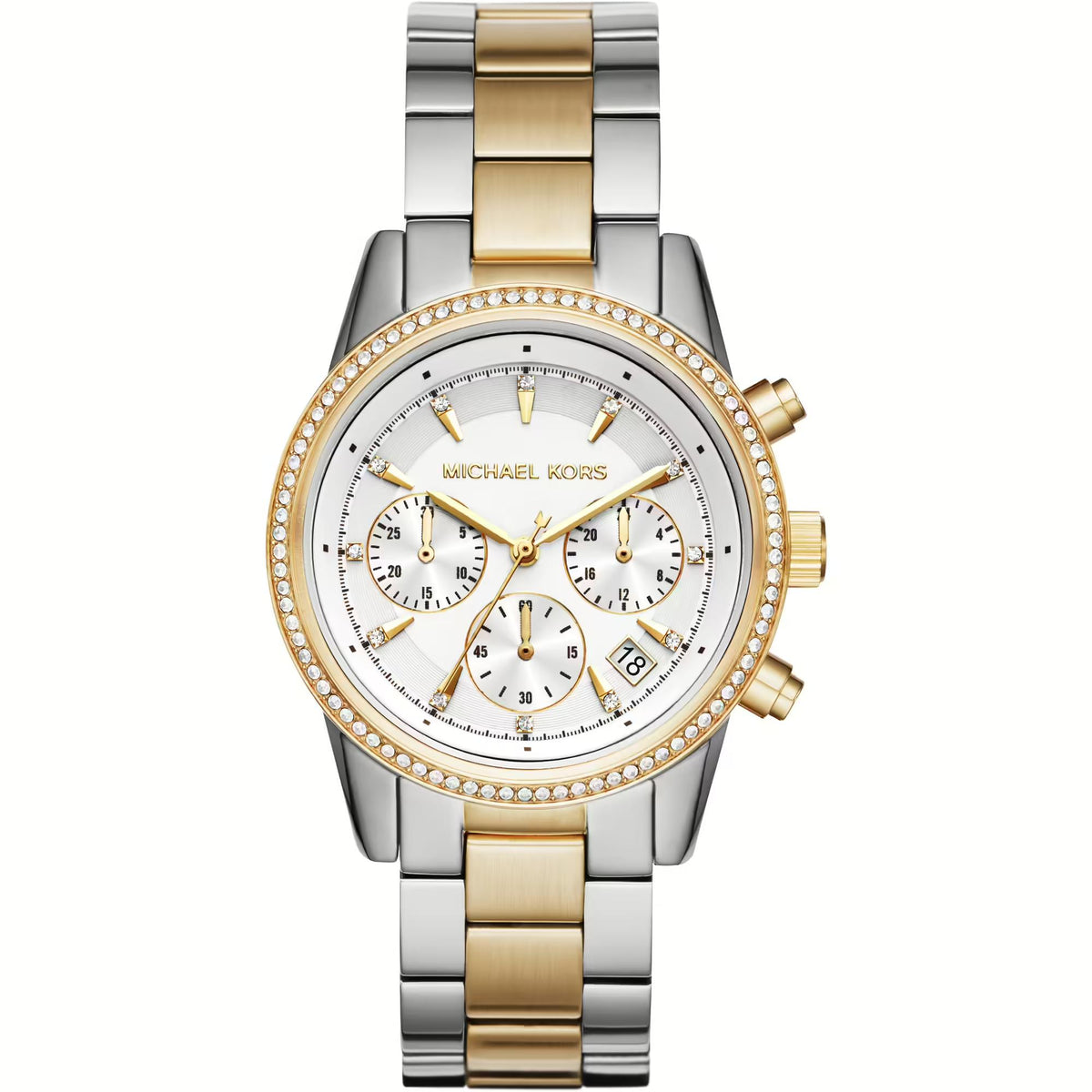 Michael Kors Bryant MK6474 ladies watch front view displaying a round white dial with chronograph sub dials, crystal encrusted gold tone bezel, and two tone stainless steel bracelet