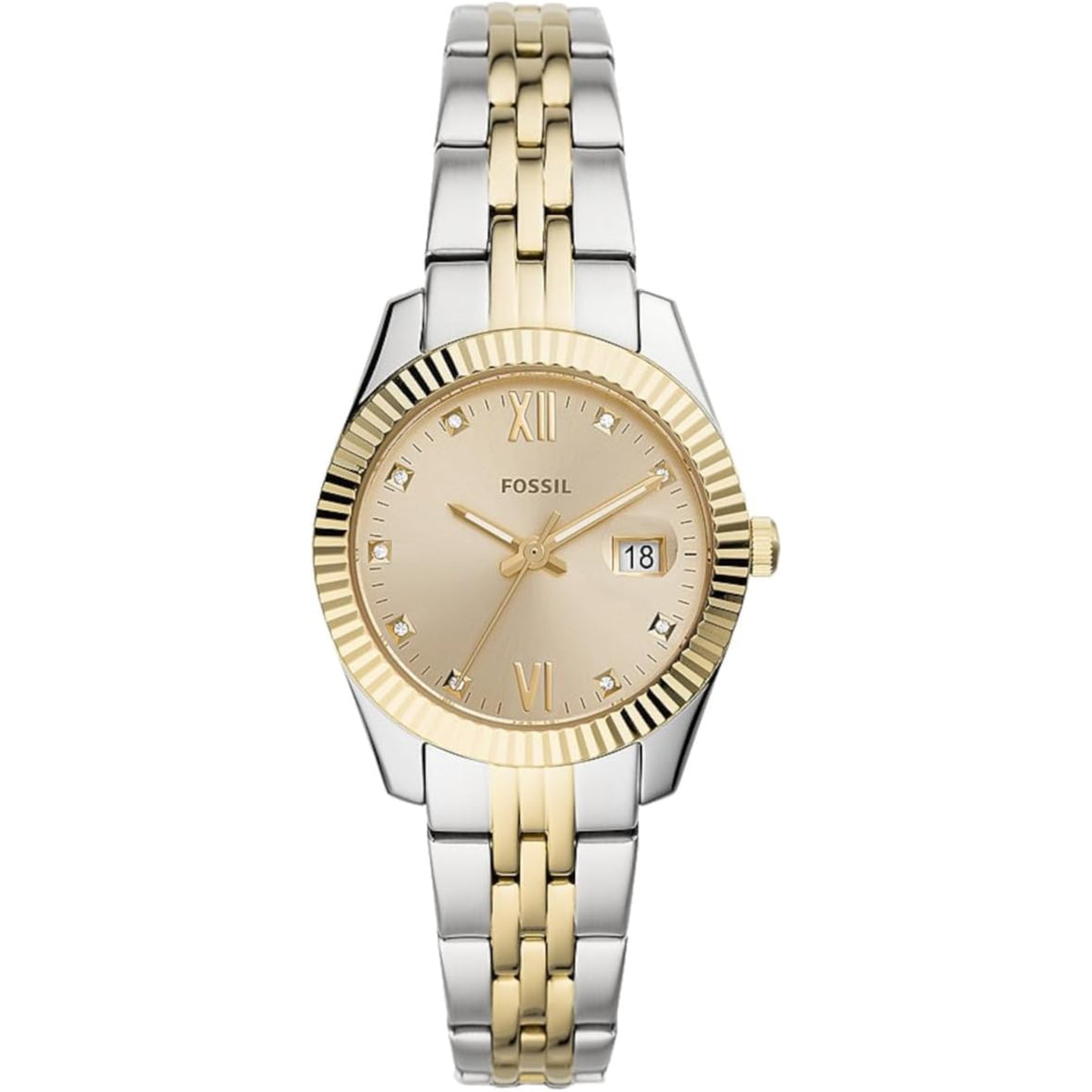Fossil Scarlette ES4949 front view displaying gold dial with fluted bezel and two-tone steel bracelet