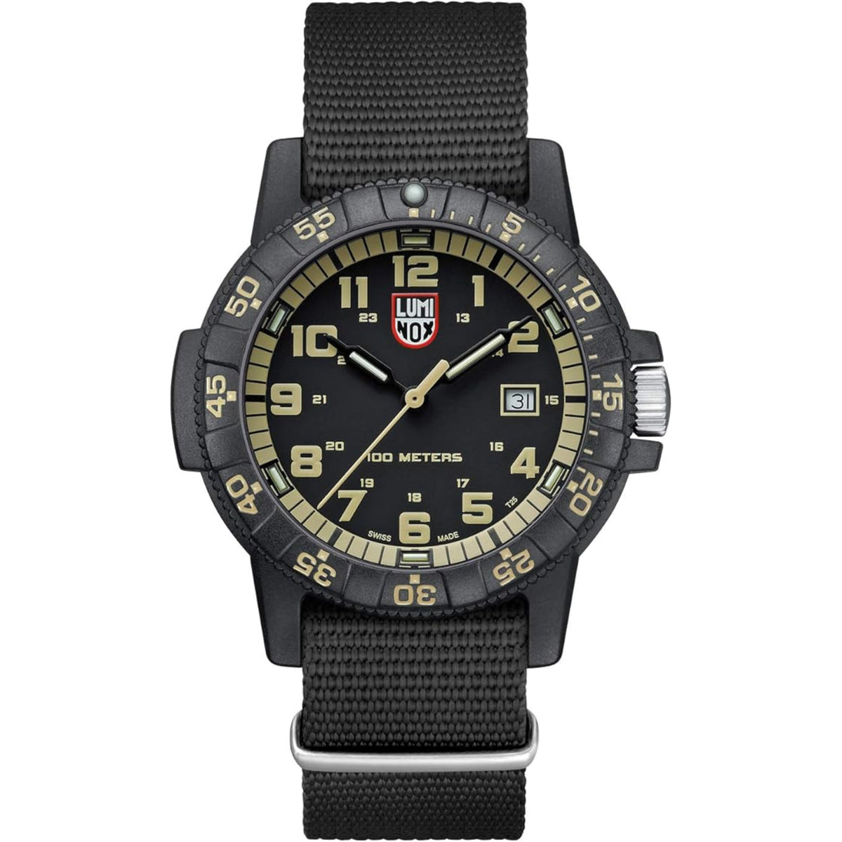 Front view of the Luminox Leatherback Sea Turtle XS.0333 sports watch featuring beige numerals and a black NATO strap