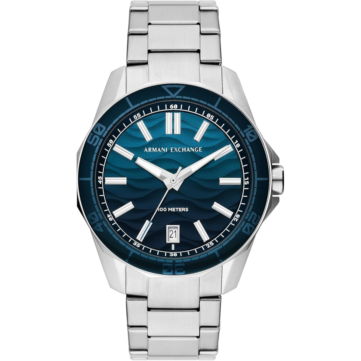 Men's Armani Exchange Spencer quartz watch with blue dial, steel bracelet, date window