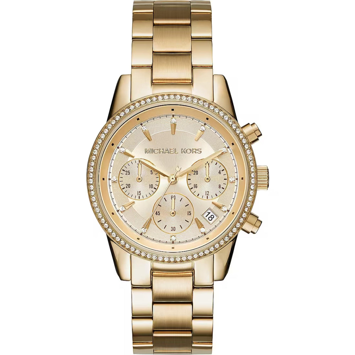 Michael Kors Bryant MK6356 womens watch front view displaying a round gold dial with chronograph sub-dials, pavé stone bezel, and stainless steel link bracelet