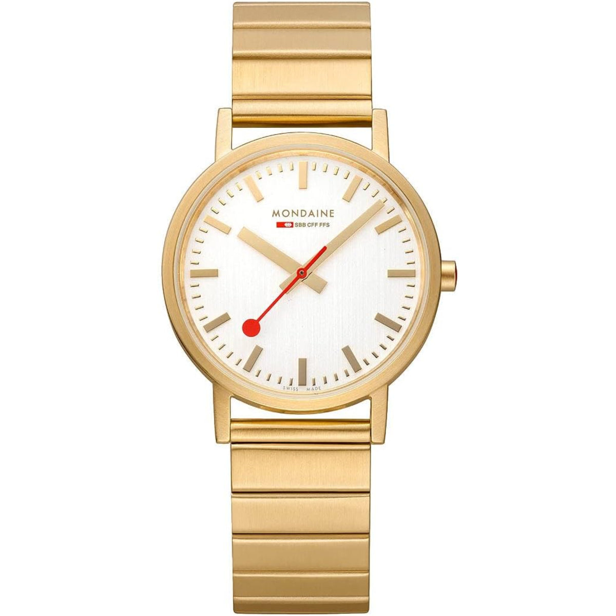 Mondaine ladies gold-tone bracelet watch with white dial, baton markers, red second hand