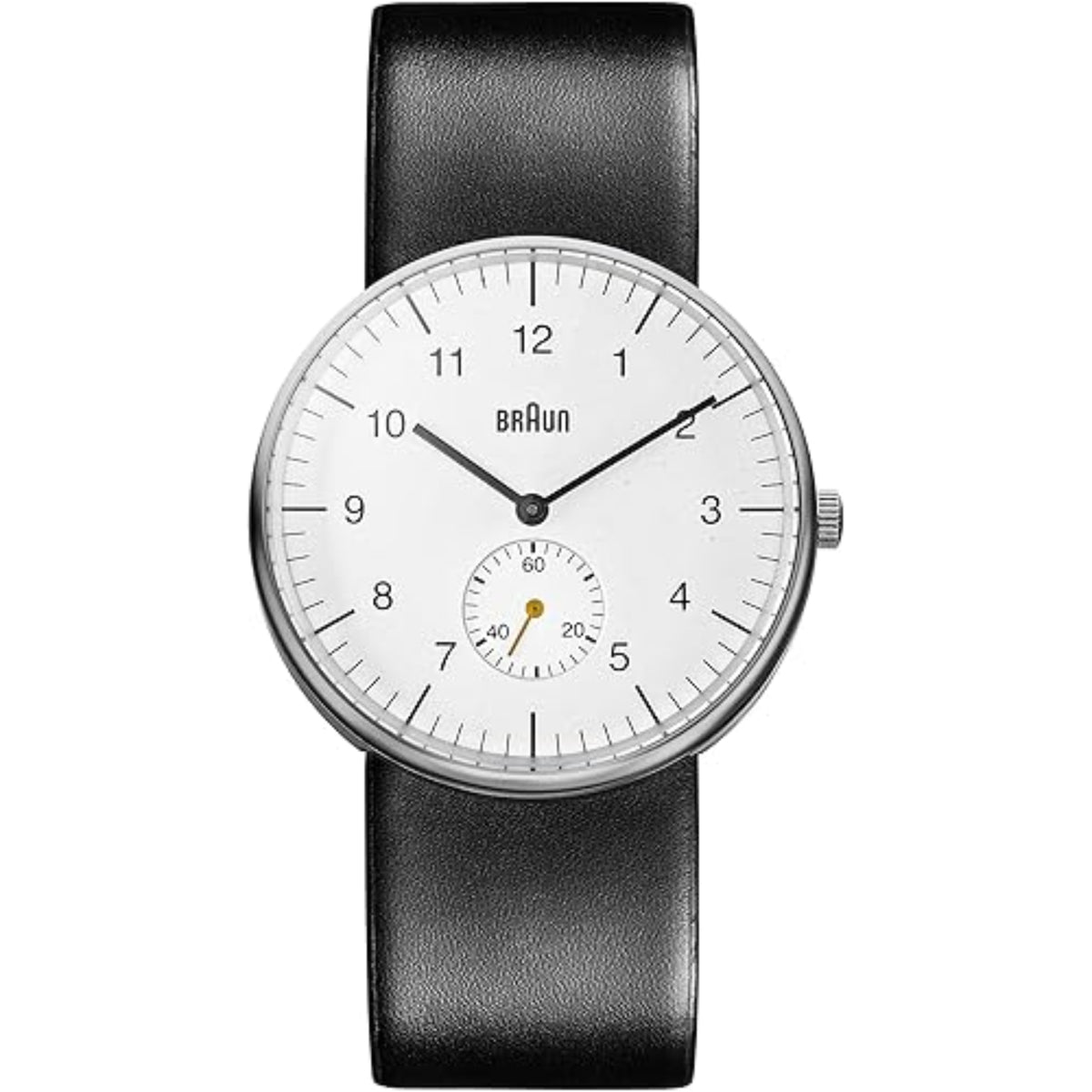 Men’s quartz watch with white dial and black leather strap, round silver case