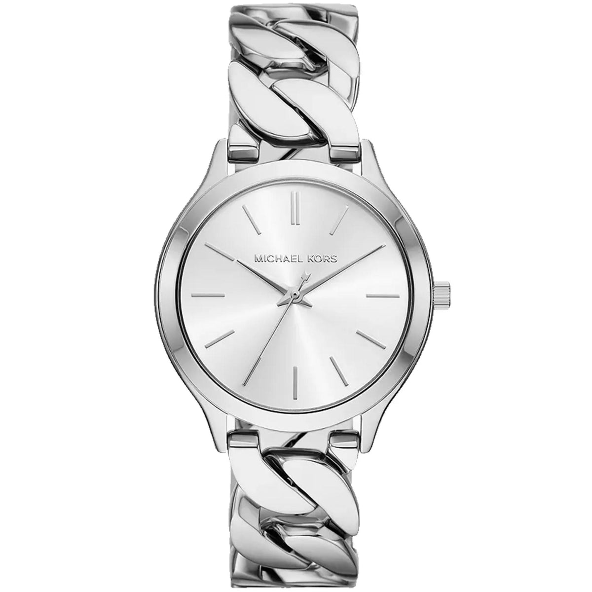 Michael Kors stainless steel three-hand watch with polished link bracelet and silver dial